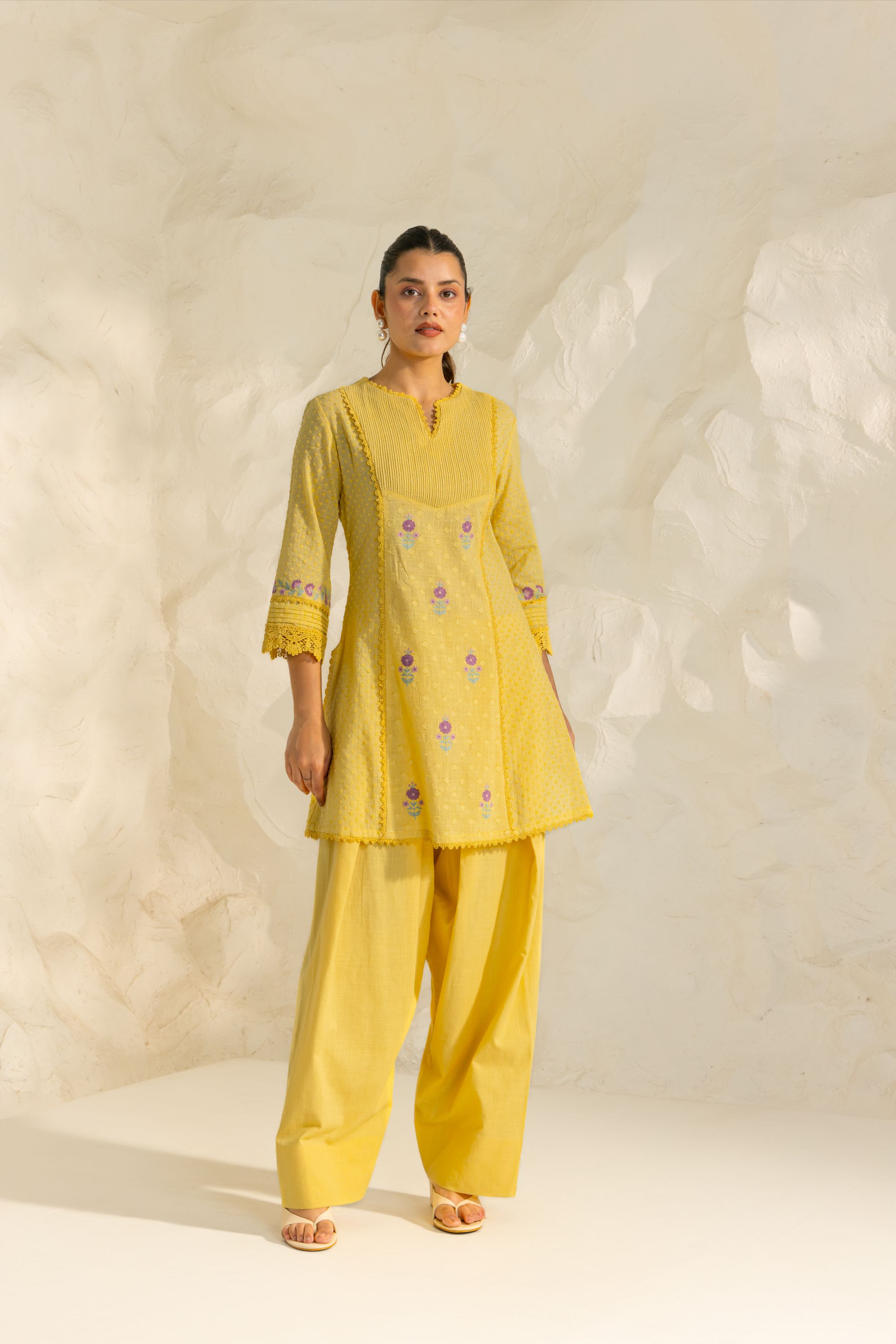 Laila Yellow Cotton Slub Jacquard Handcrafted Short Kurta Set with Aari embroidery and Farshi Salwar