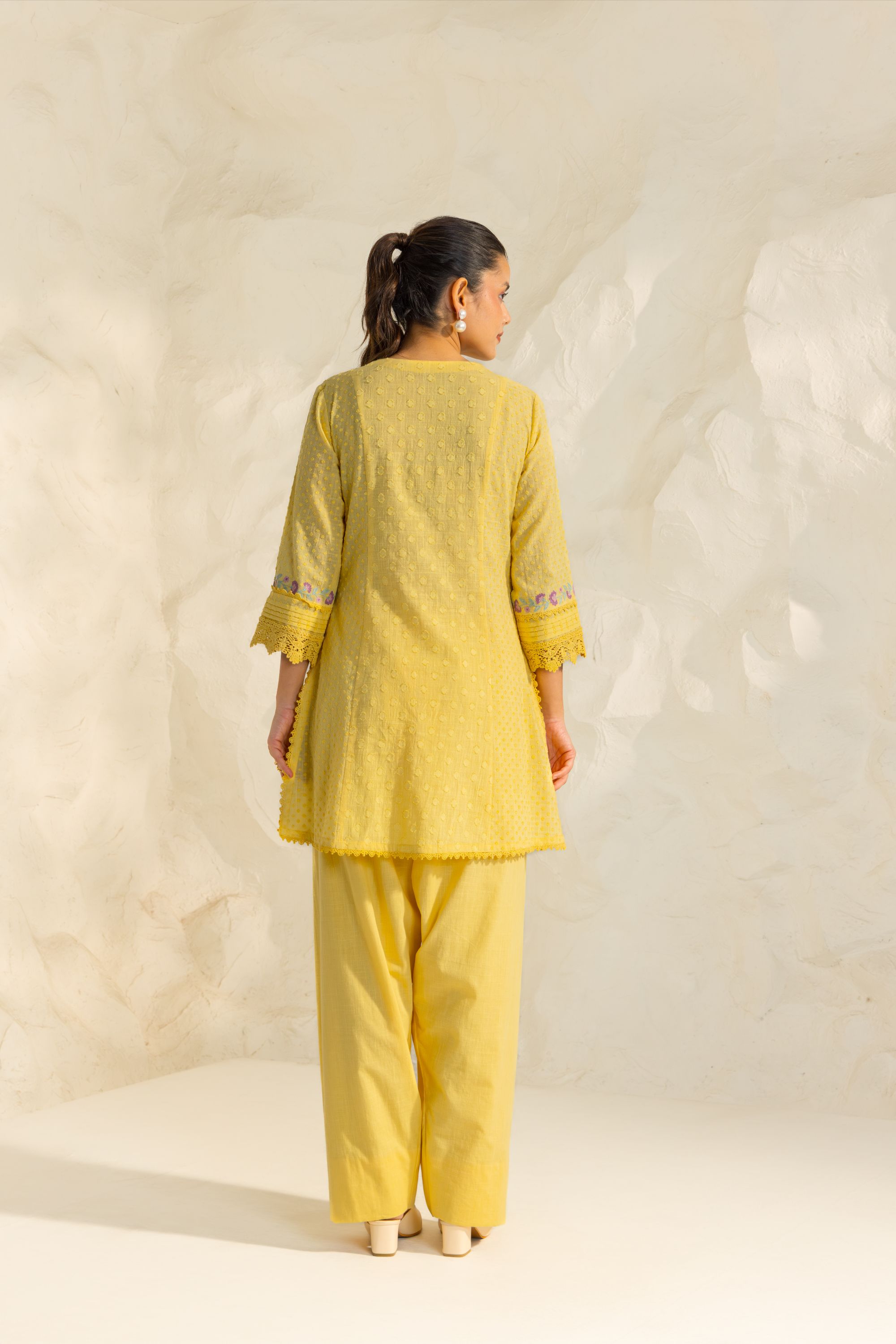 Laila Yellow Cotton Slub Jacquard Handcrafted Short Kurta Set with Aari embroidery and Farshi Salwar