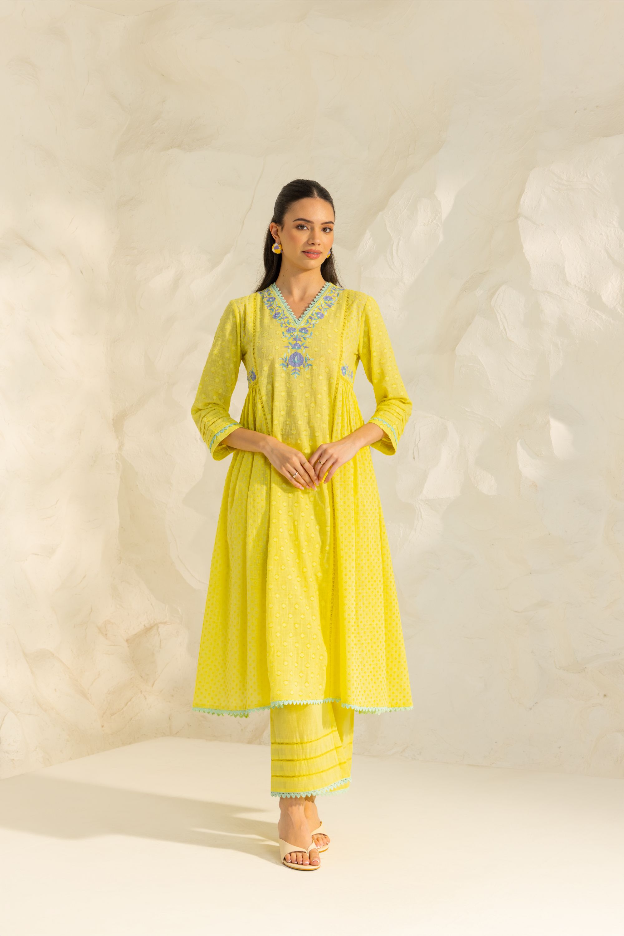 Aizah Yellow Cotton Slub Jacquard Handcrafted Kurta Set with Aari Embroidery