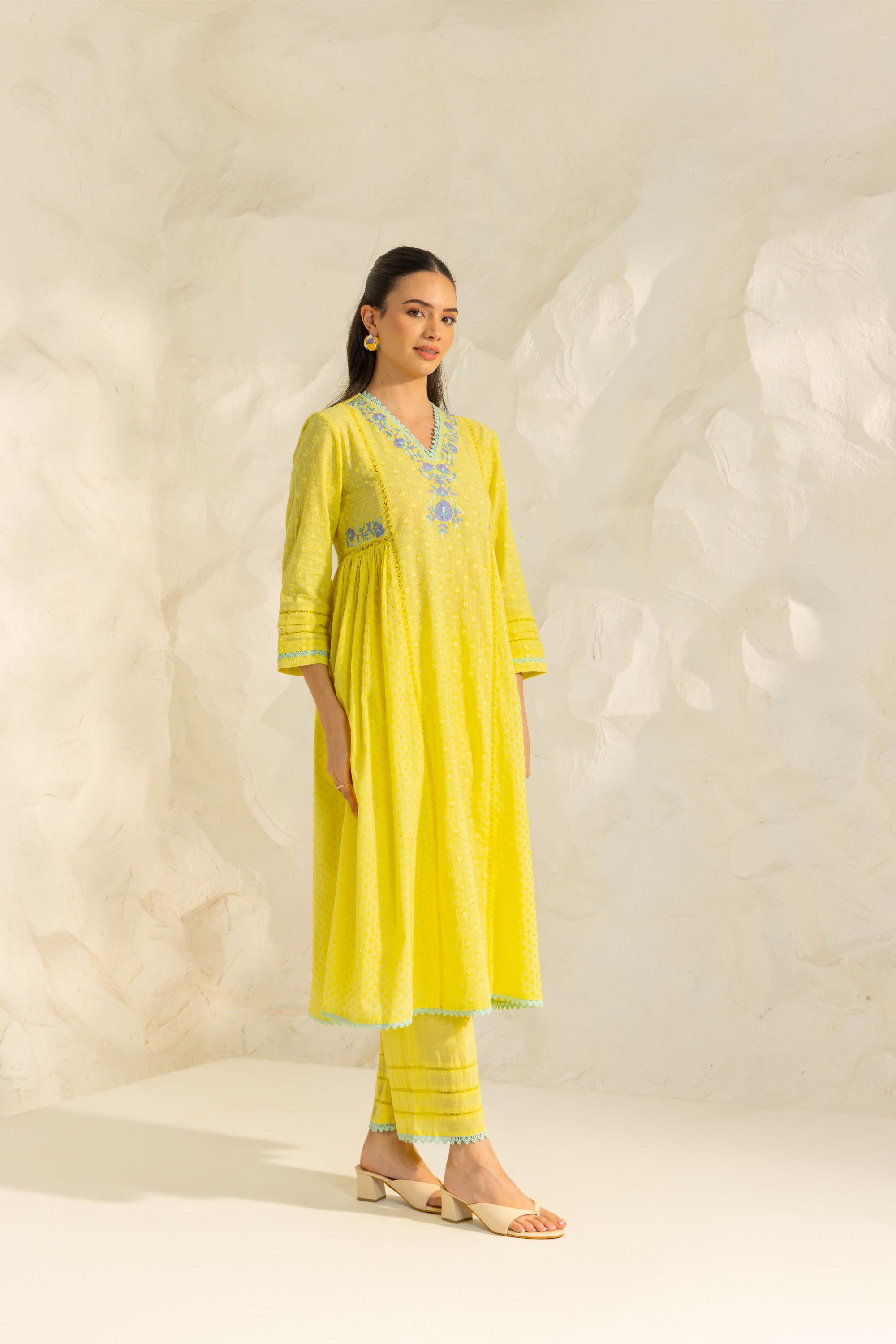 Aizah Yellow Cotton Slub Jacquard Handcrafted Kurta Set with Aari Embroidery