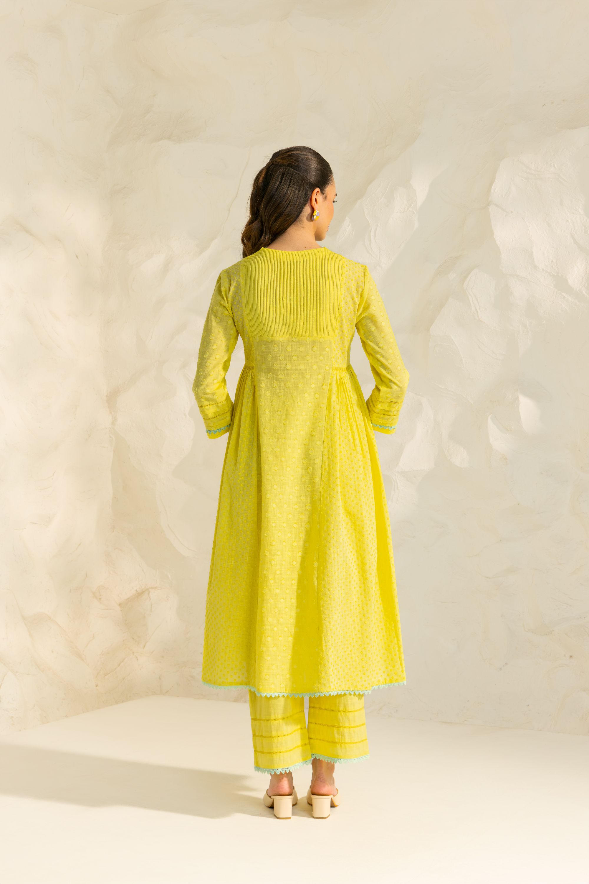 Aizah Yellow Cotton Slub Jacquard Handcrafted Kurta Set with Aari Embroidery