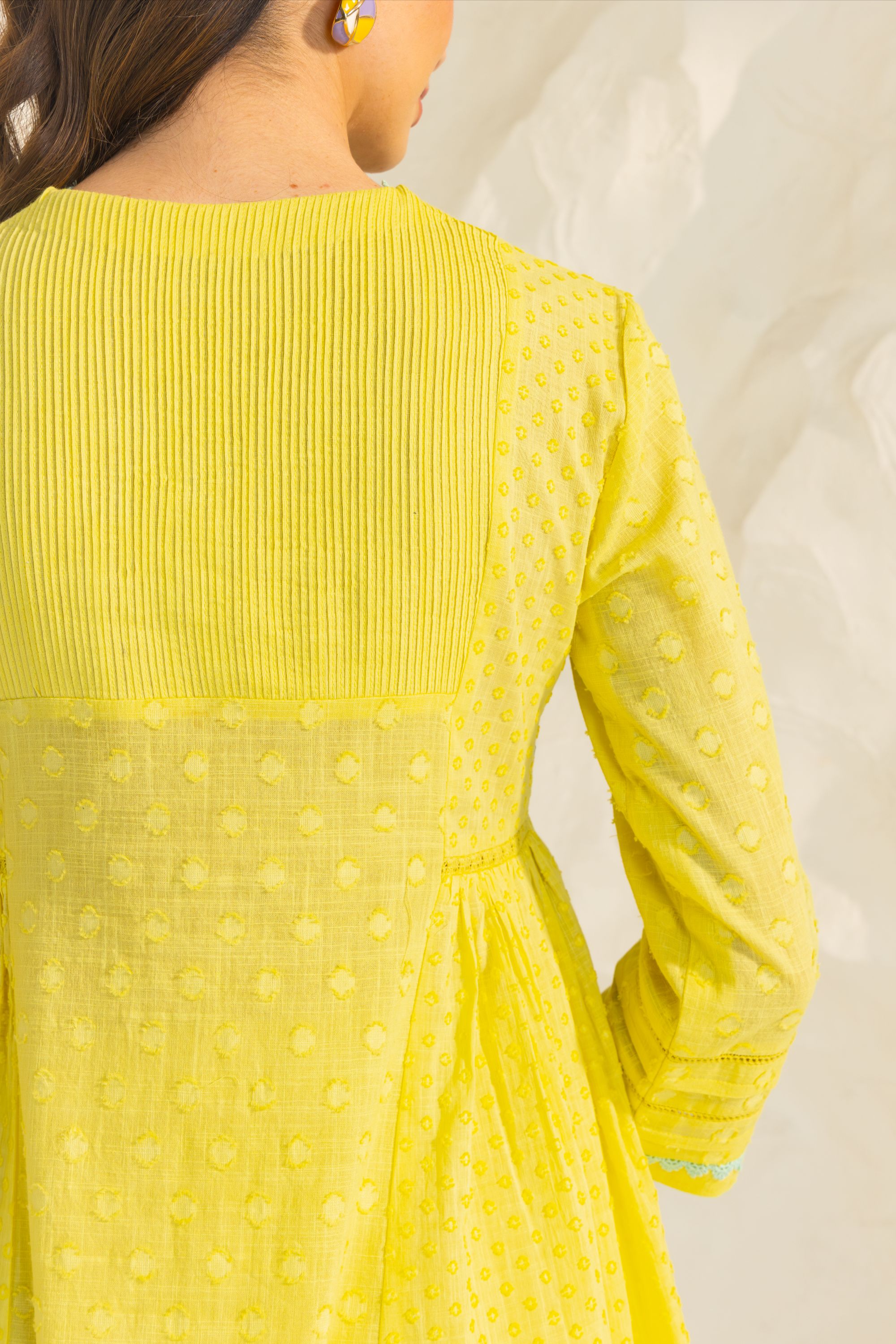 Aizah Yellow Cotton Slub Jacquard Handcrafted Kurta Set with Aari Embroidery