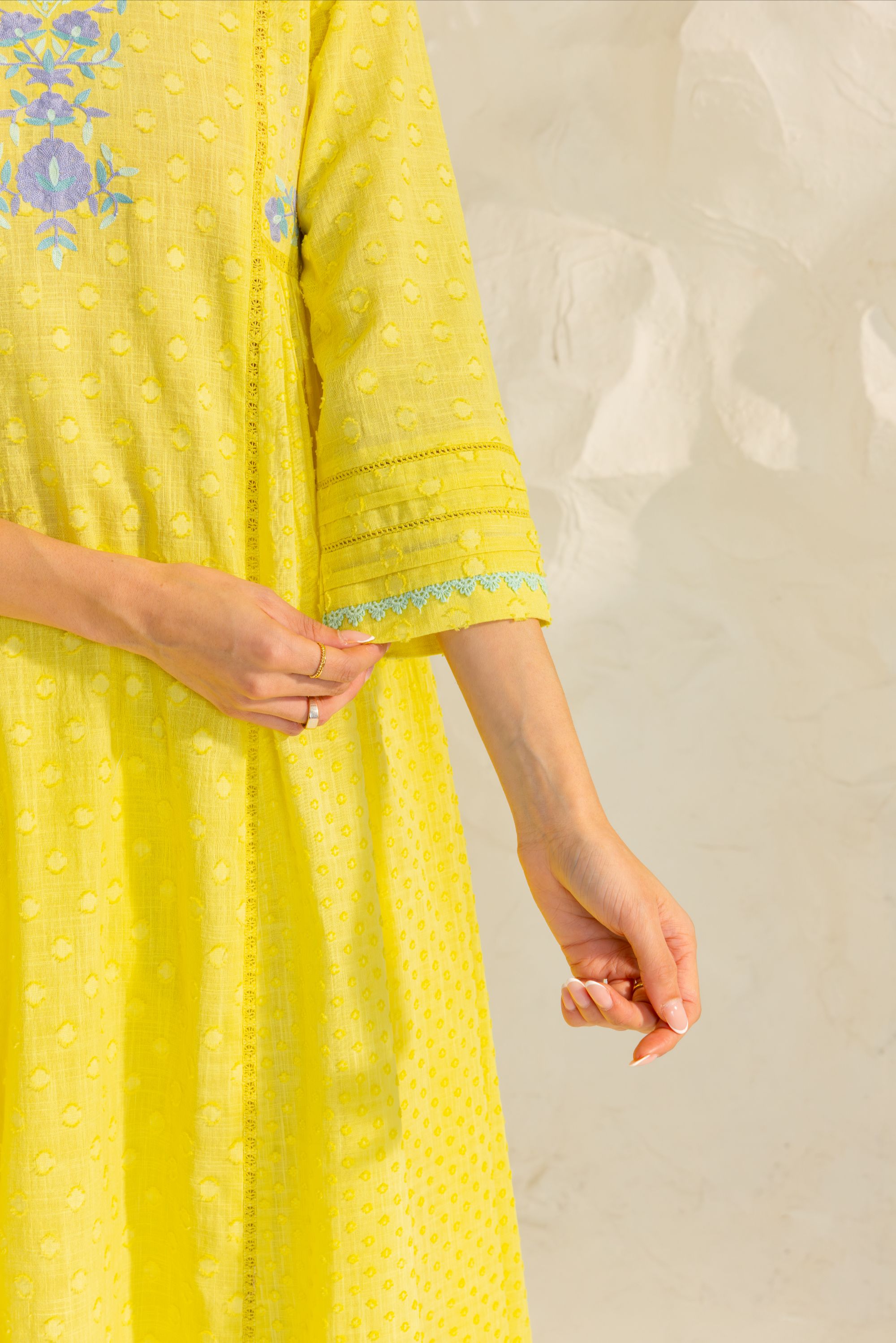 Aizah Yellow Cotton Slub Jacquard Handcrafted Kurta Set with Aari Embroidery