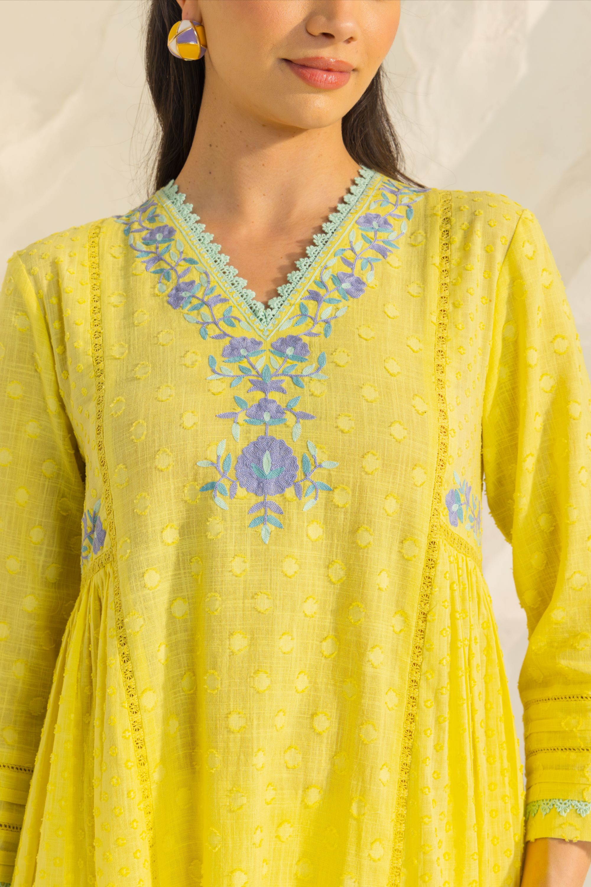 Aizah Yellow Cotton Slub Jacquard Handcrafted Kurta Set with Aari Embroidery