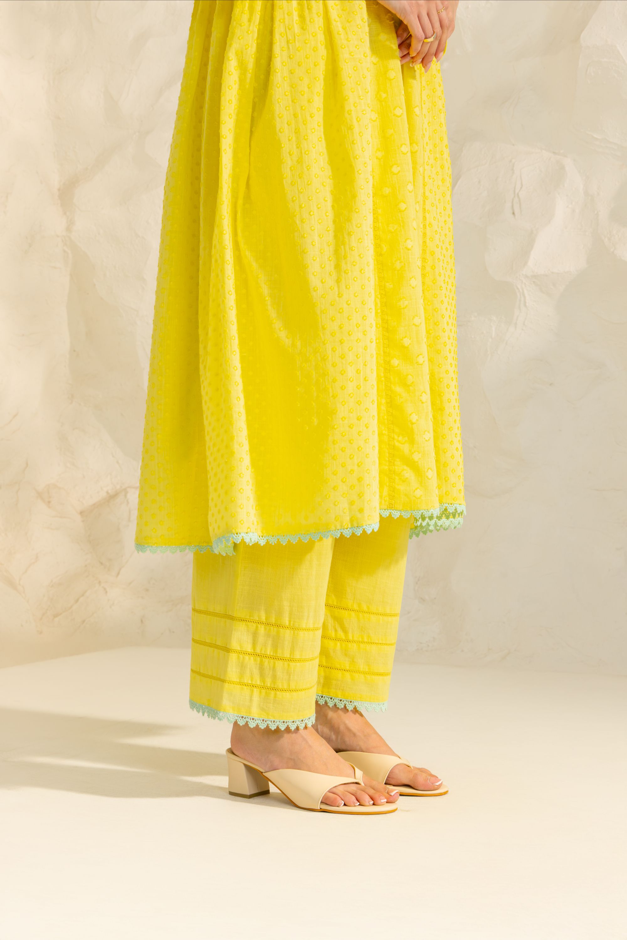 Aizah Yellow Cotton Slub Jacquard Handcrafted Kurta Set with Aari Embroidery