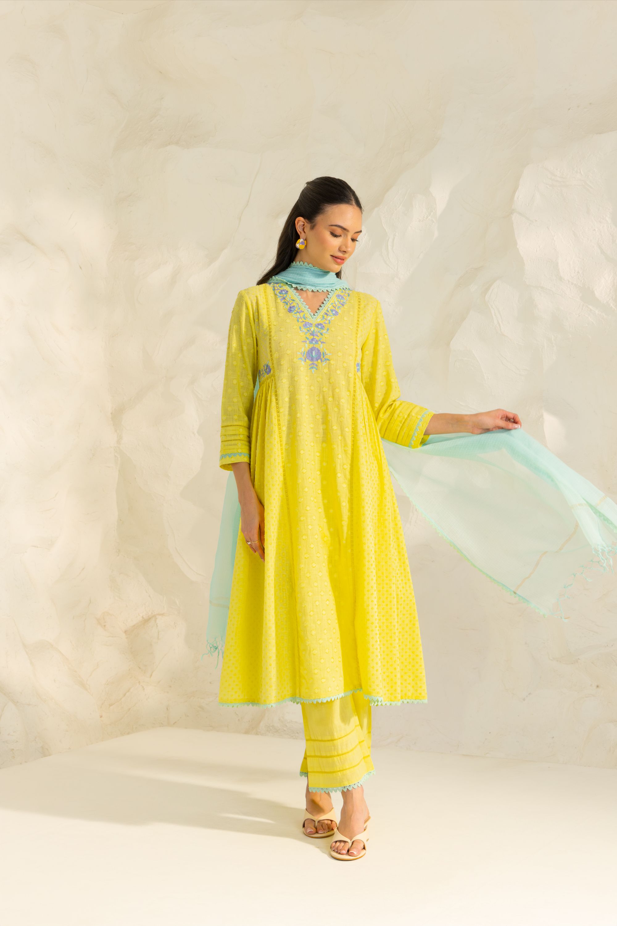 Aizah Yellow Cotton Slub Jacquard Handcrafted Kurta Set with Aari Embroidery