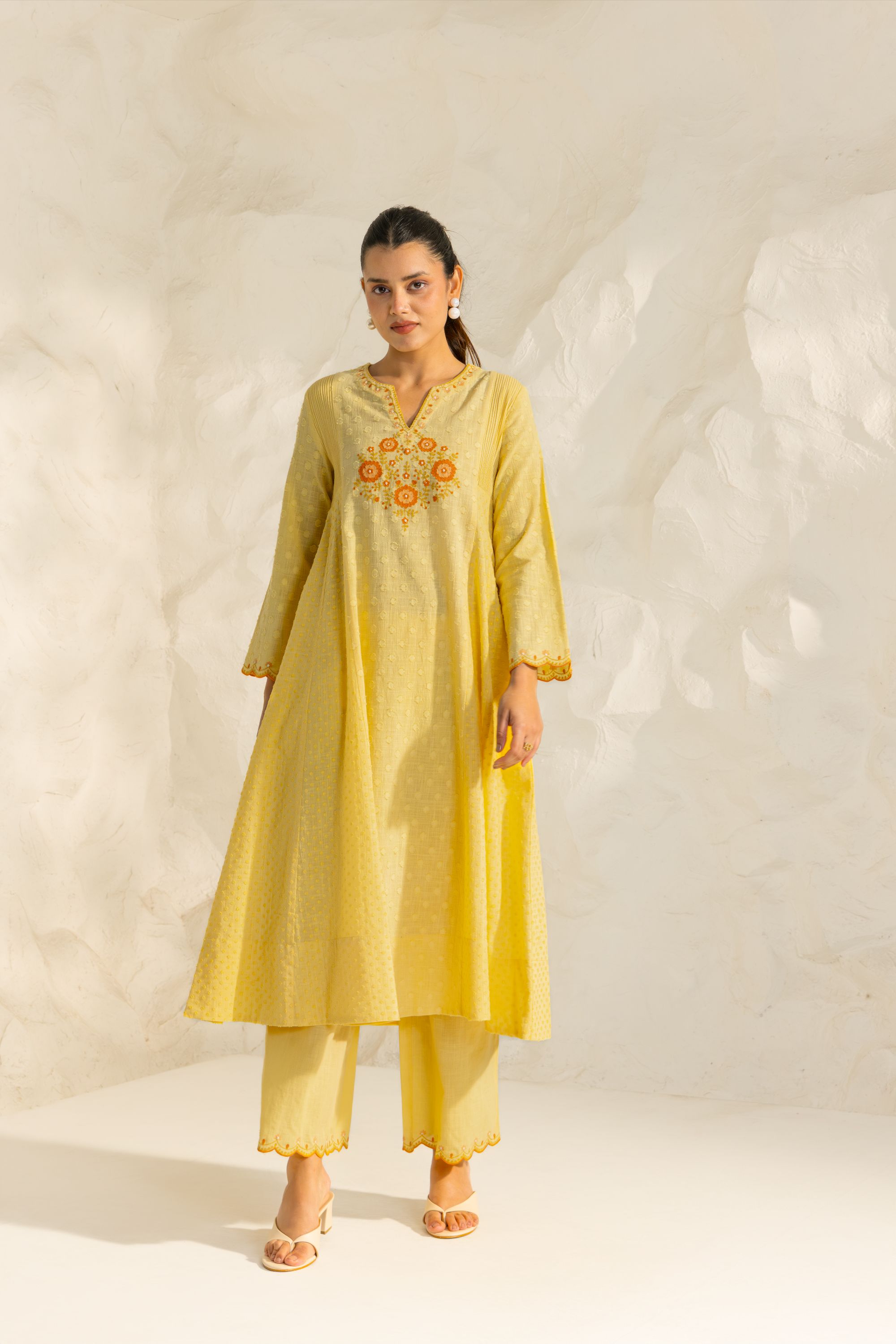 Kiara Yellow Cotton Slub Jacquard Handcrafted Kurta Set with Aari Embroidery
