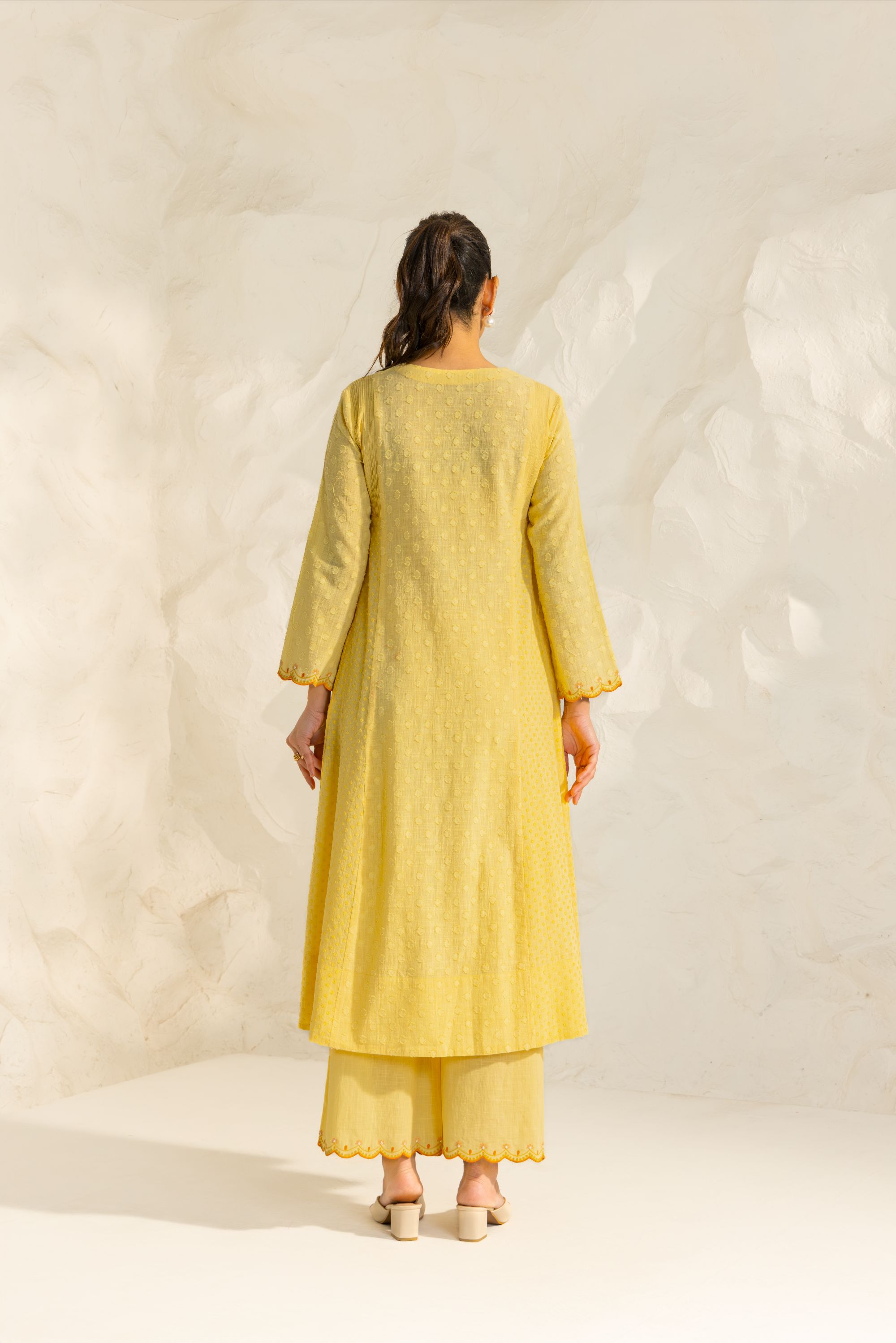 Kiara Yellow Cotton Slub Jacquard Handcrafted Kurta Set with Aari Embroidery