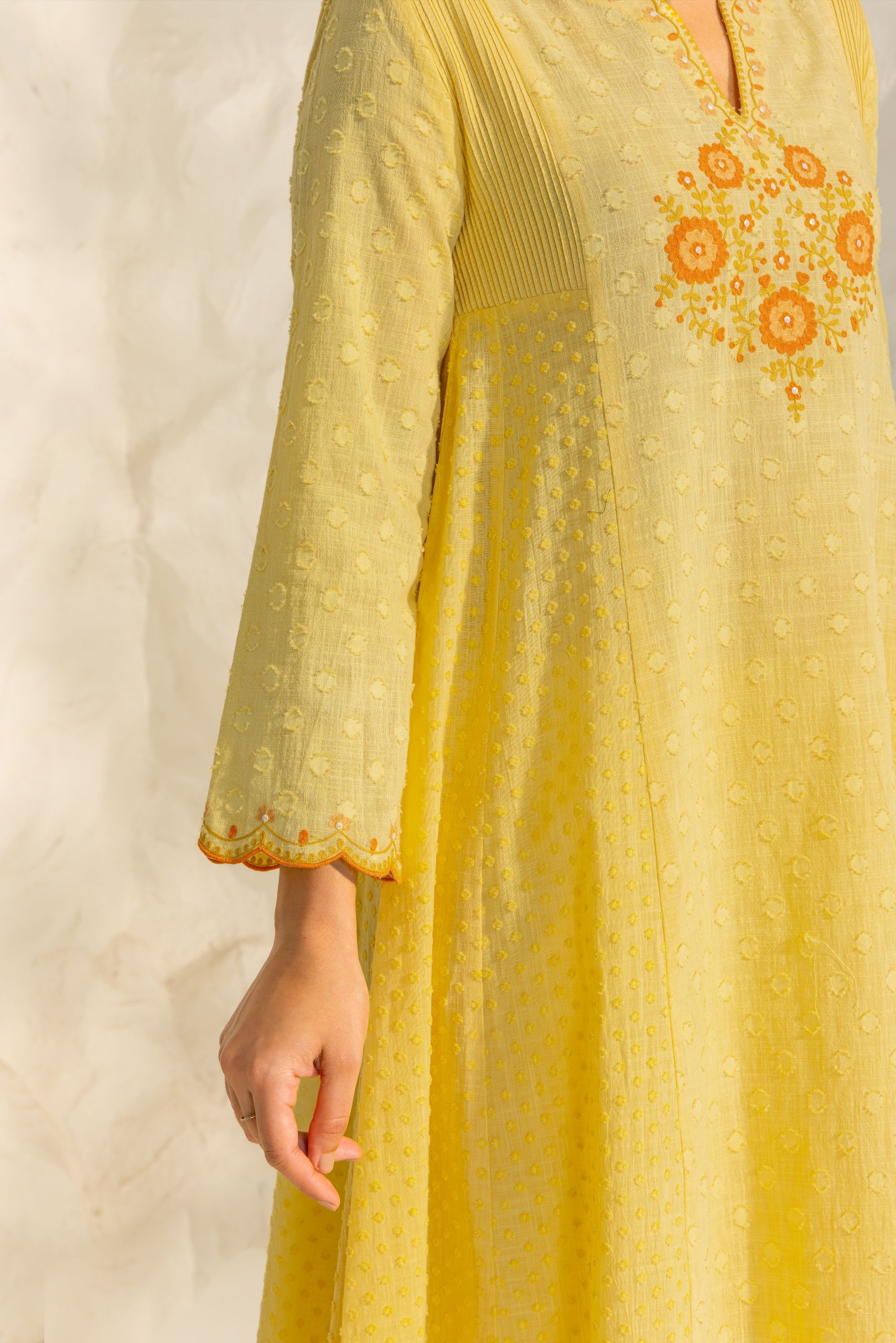 Kiara Yellow Cotton Slub Jacquard Handcrafted Kurta Set with Aari Embroidery