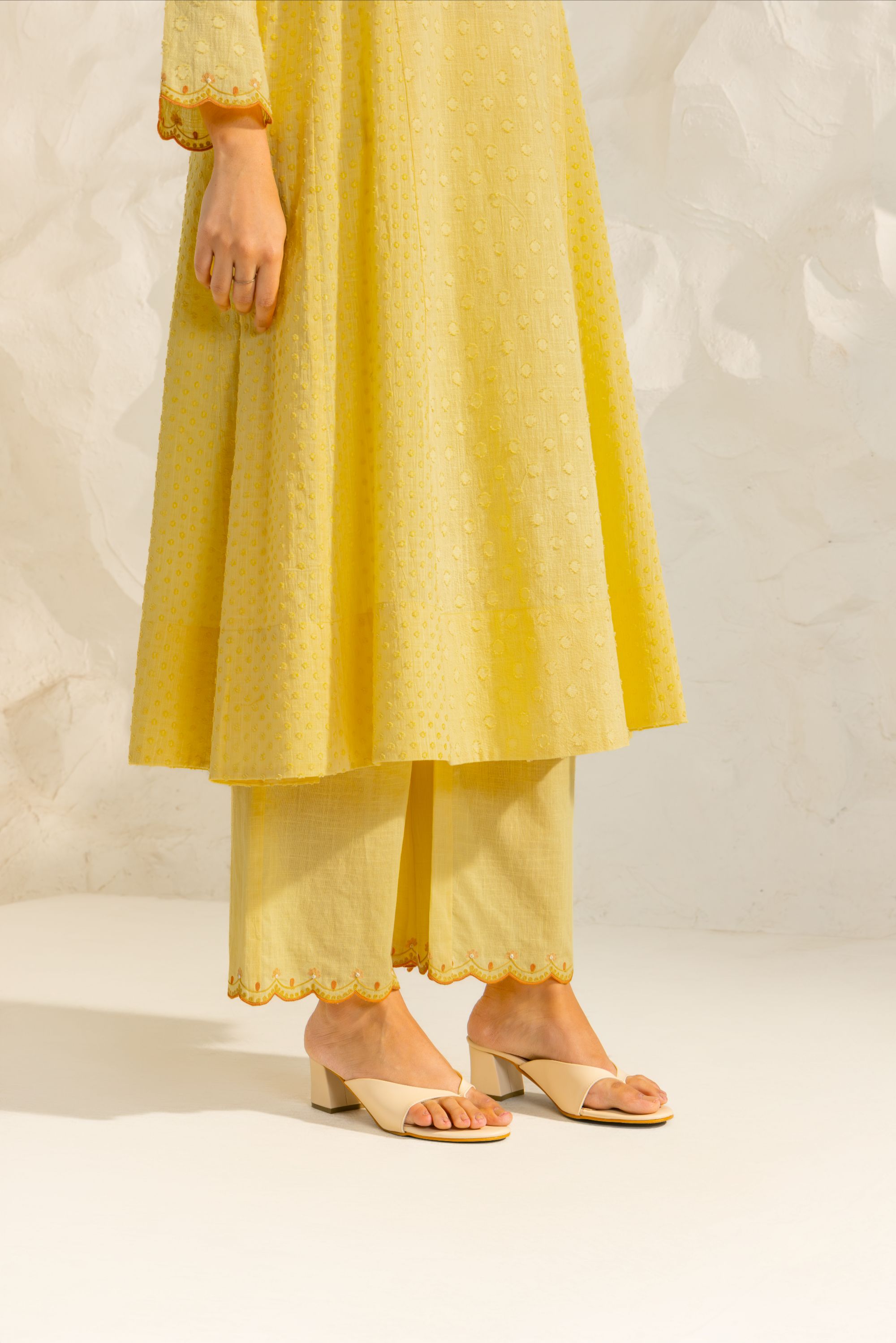 Kiara Yellow Cotton Slub Jacquard Handcrafted Kurta Set with Aari Embroidery