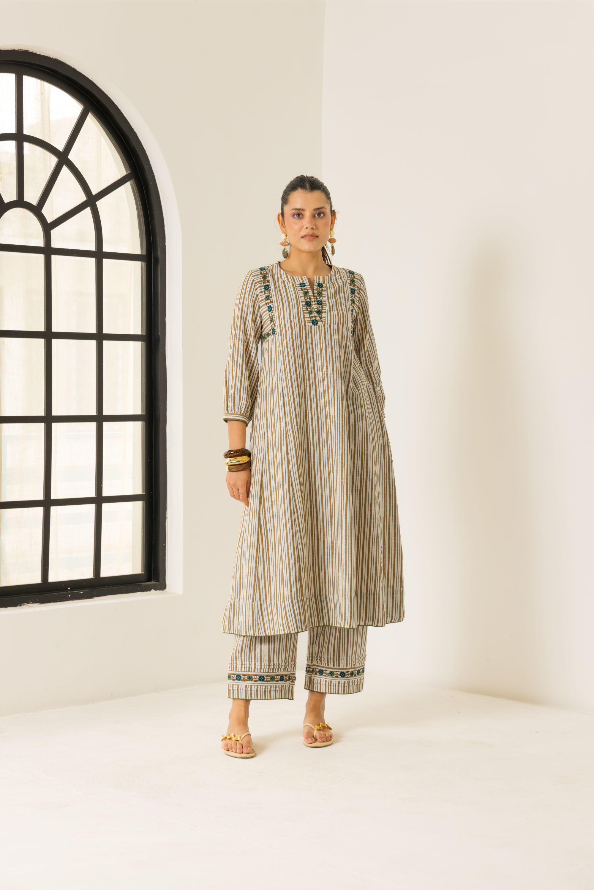 Aaliyah Ivory & Mustard Embroidered Yarn Dyed Cotton Handcrafted Kurta Set