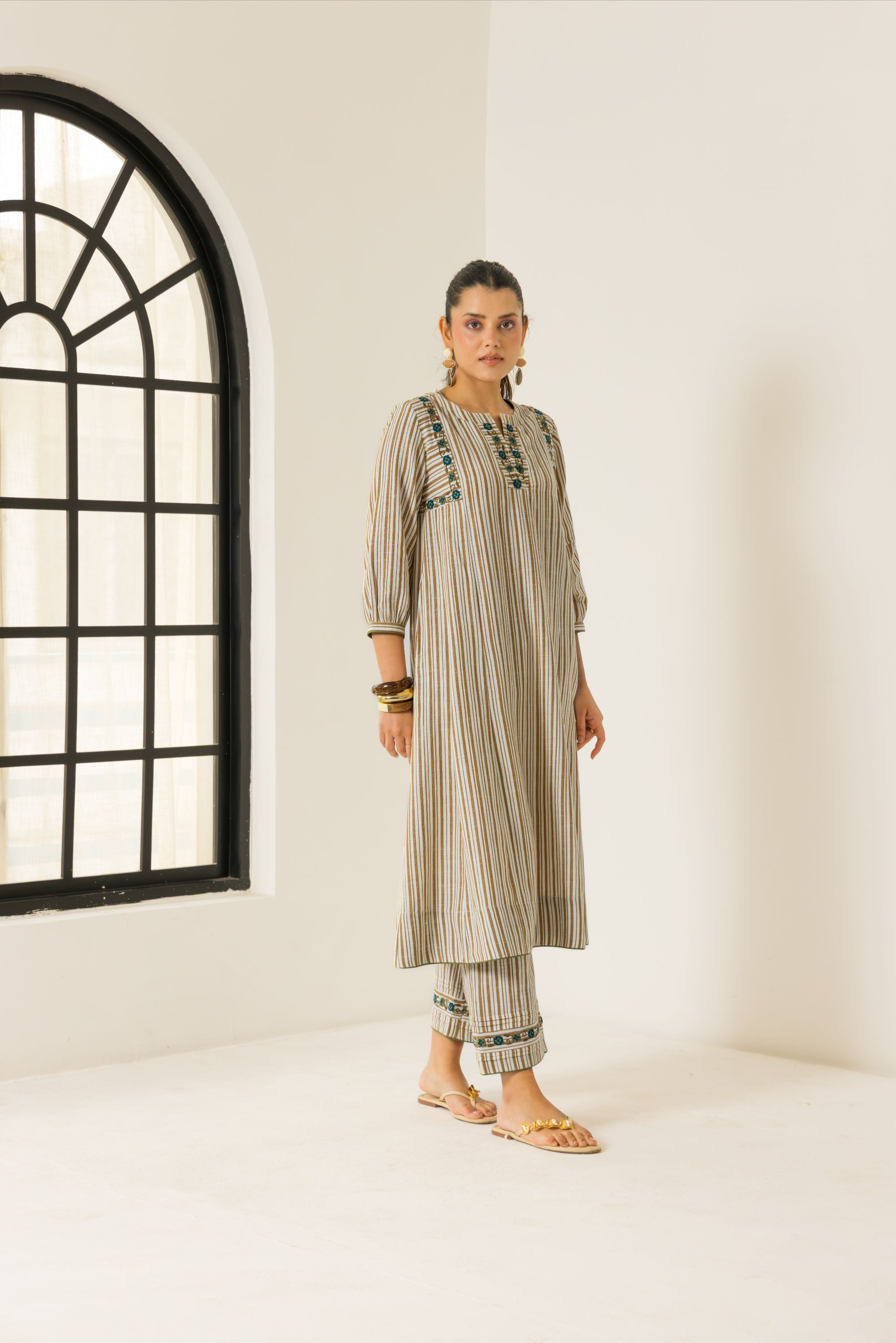 Aaliyah Ivory & Mustard Embroidered Yarn Dyed Cotton Handcrafted Kurta Set