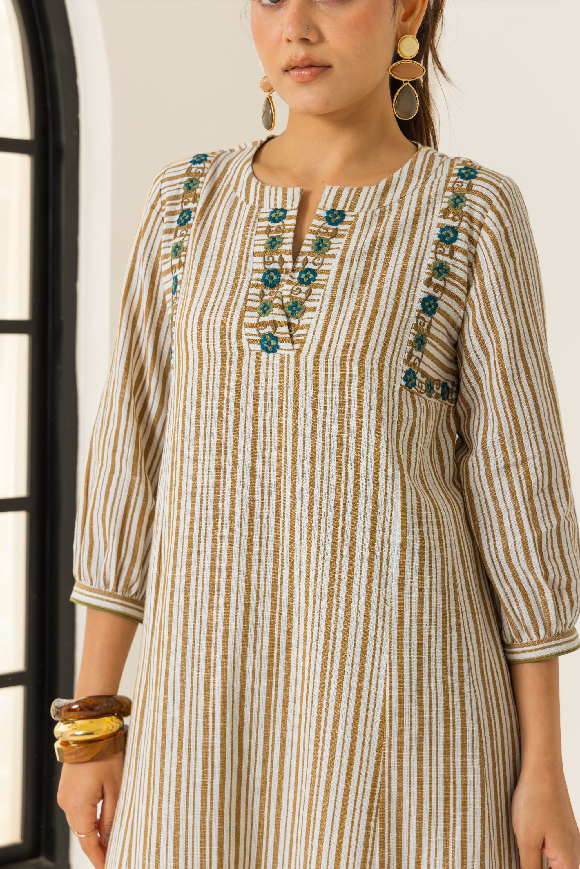 Aaliyah Ivory & Mustard Embroidered Yarn Dyed Cotton Handcrafted Kurta Set