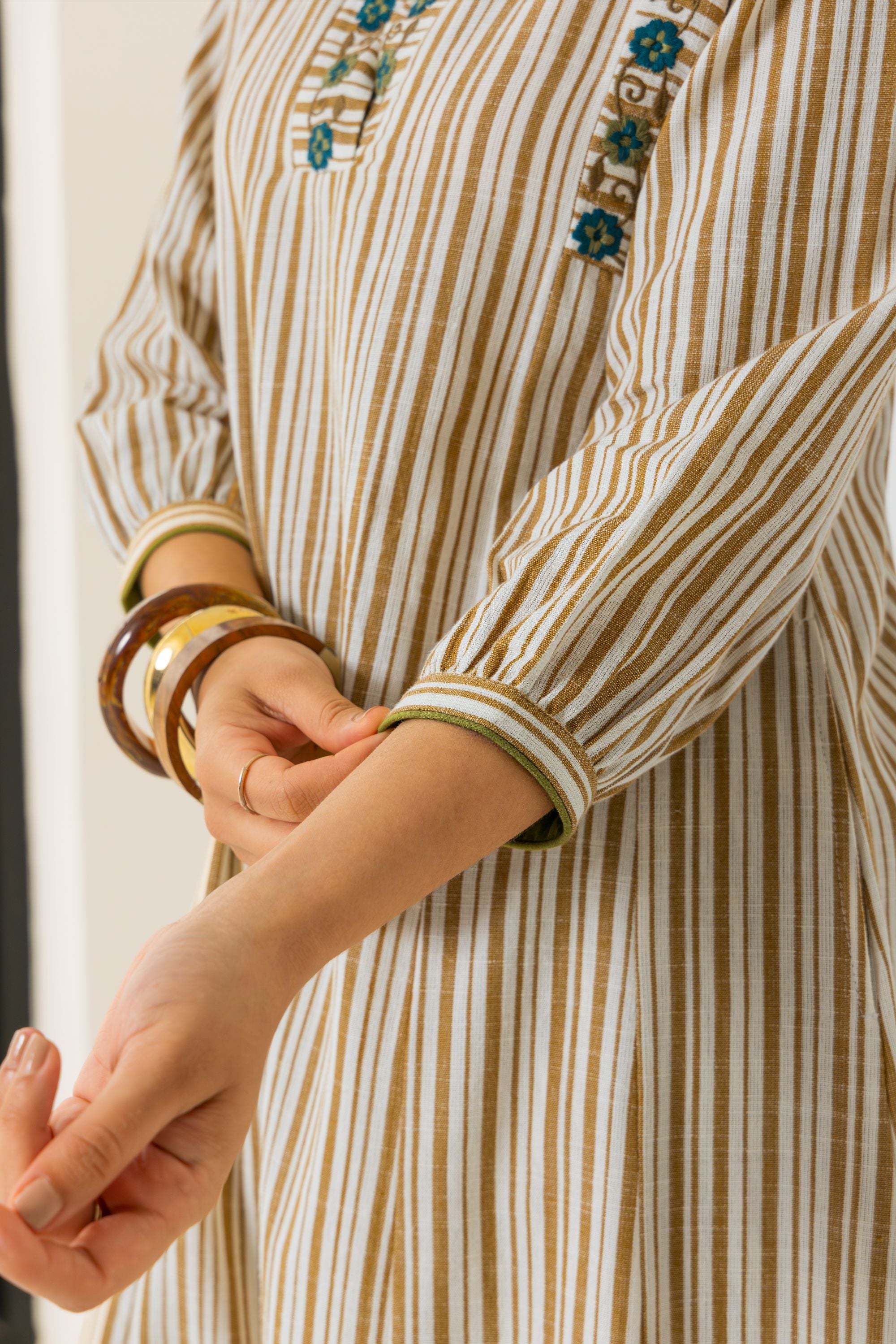 Aaliyah Ivory & Mustard Embroidered Yarn Dyed Cotton Handcrafted Kurta Set