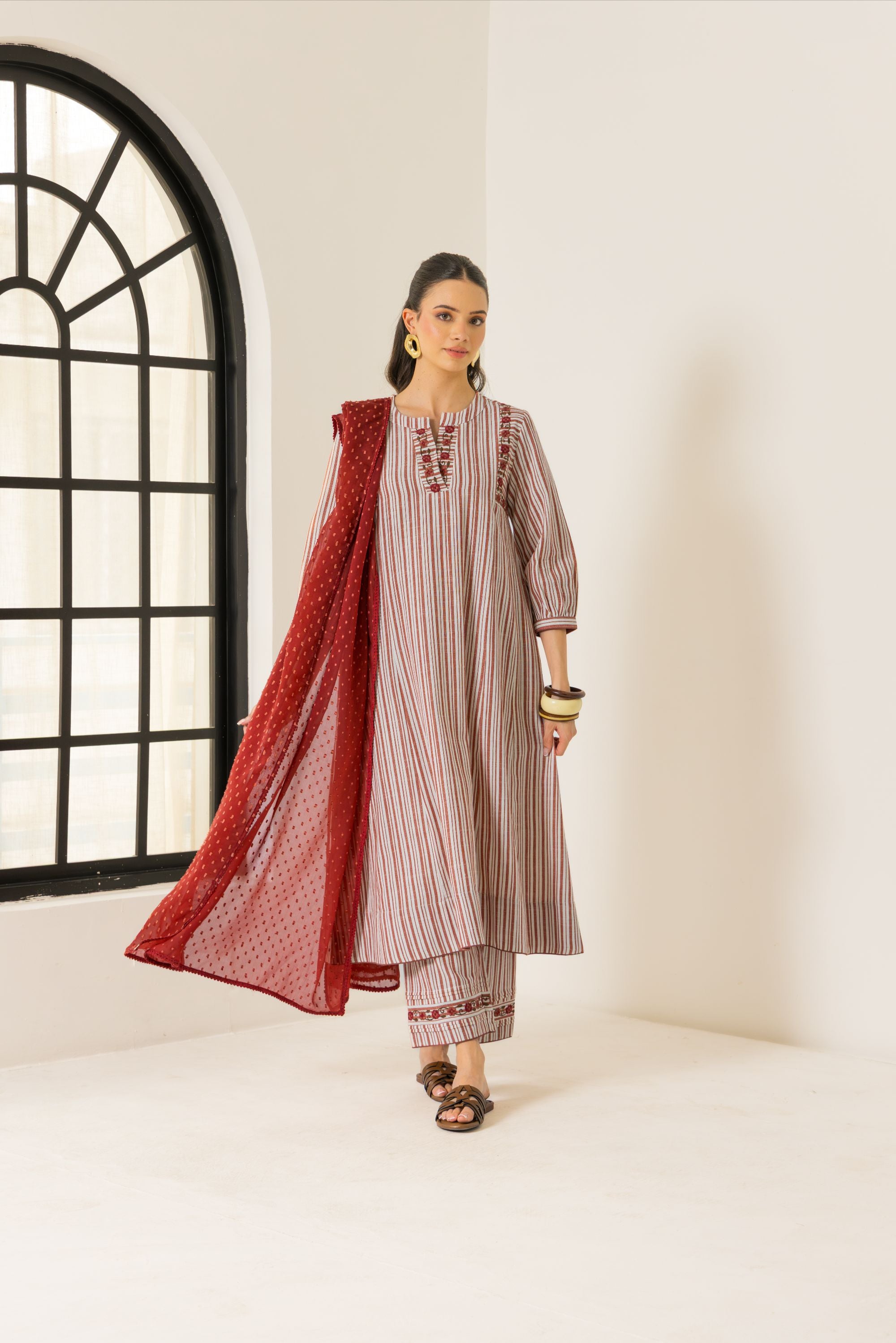 Aaliyah Ivory & Red Embroidered Yarn Dyed Cotton Handcrafted Kurta Set
