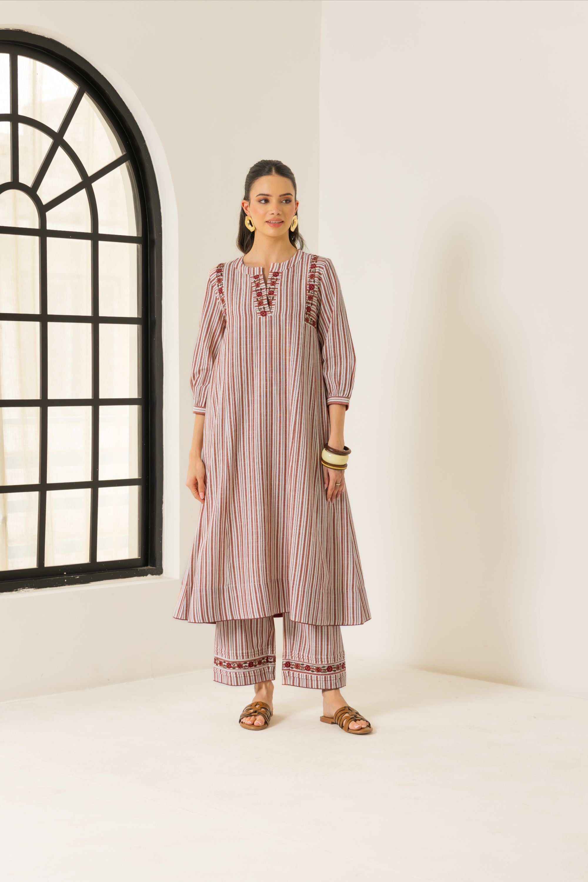 Aaliyah Ivory & Red Embroidered Yarn Dyed Cotton Handcrafted Kurta Set