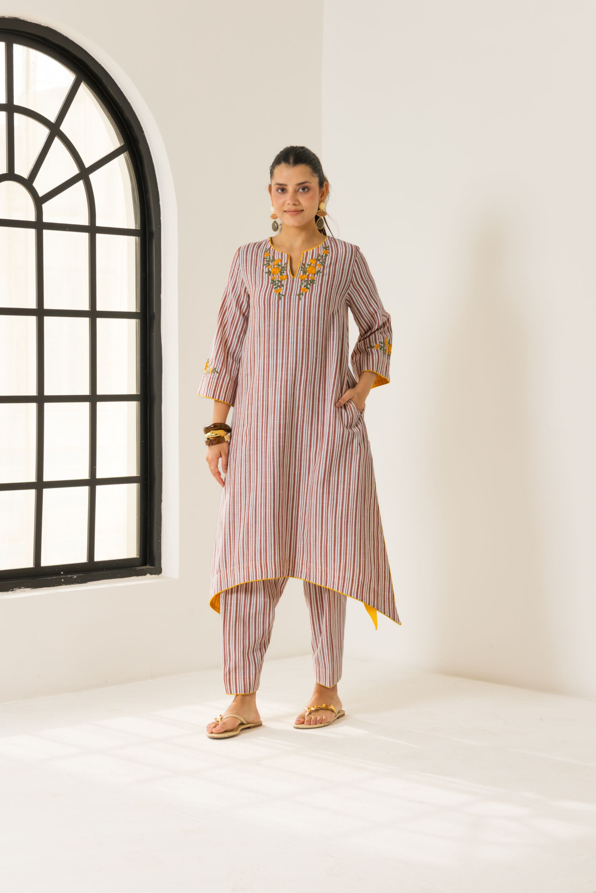 Savera Ivory & Red Embroidered Yarn Dyed Handcrafted High Low Kurta Set