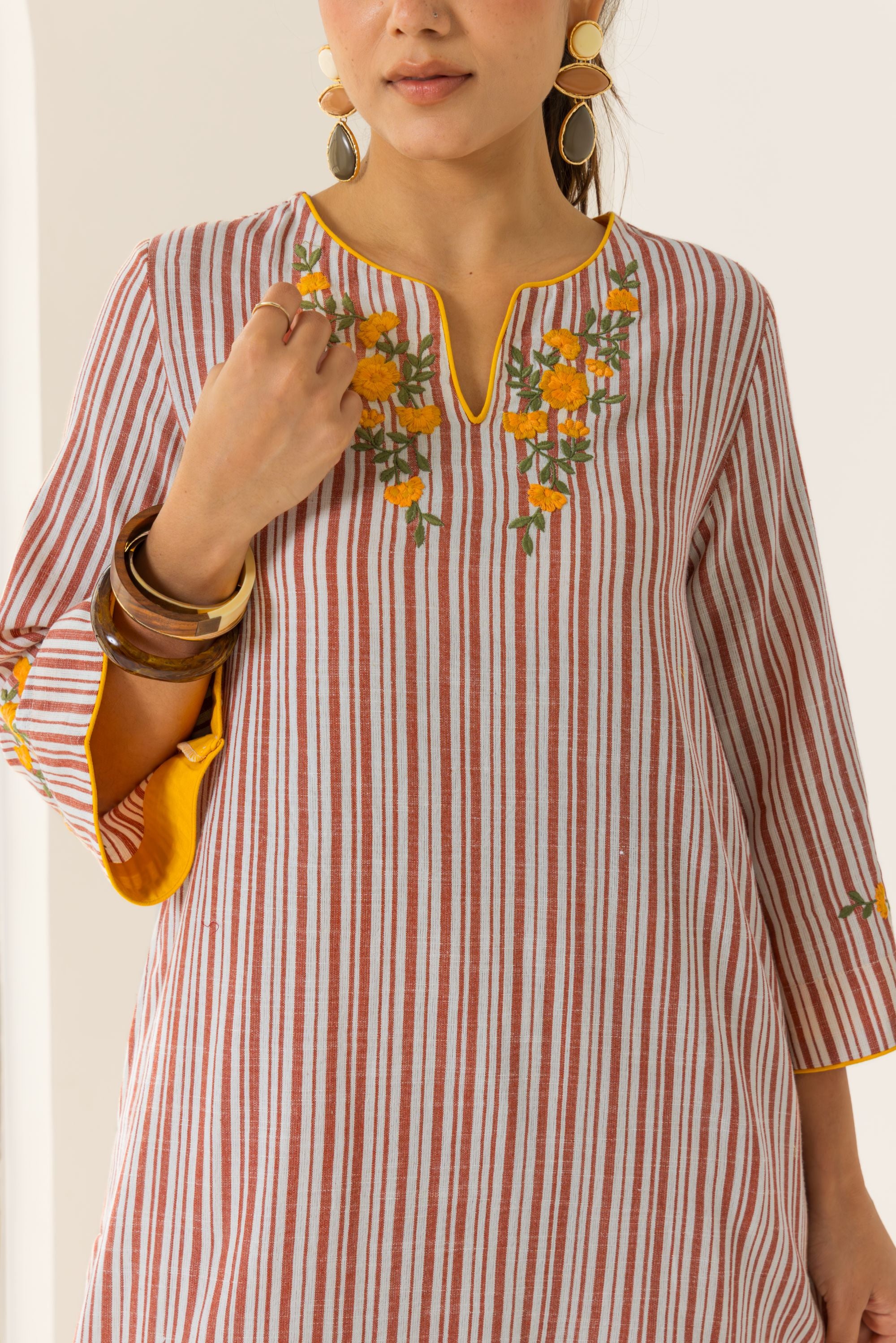 Savera Ivory & Red Embroidered Yarn Dyed Handcrafted High Low Kurta Set