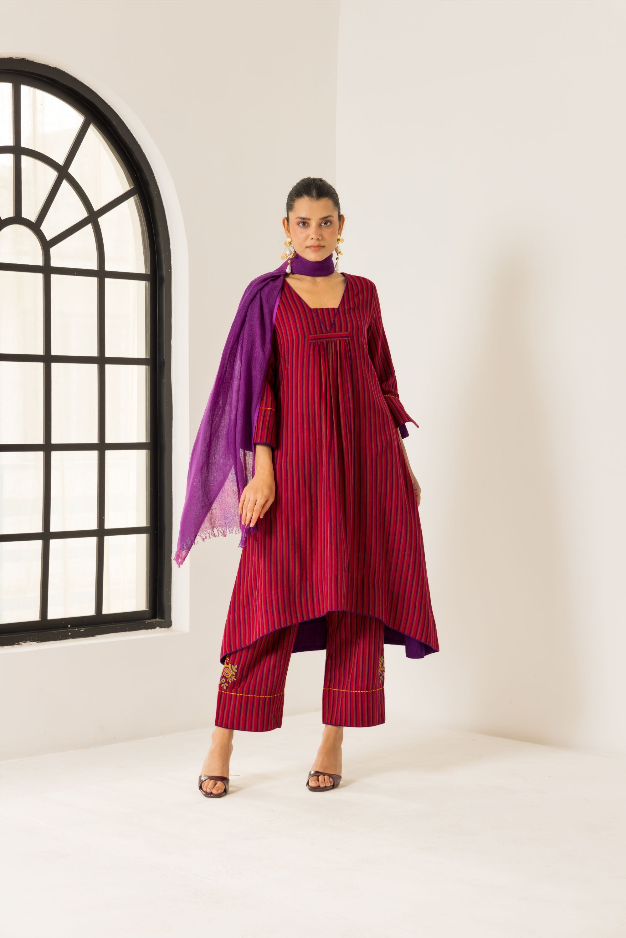 Rosa Red & Purple Embroidered Yarn Dyed Handcrafted Kurta Set