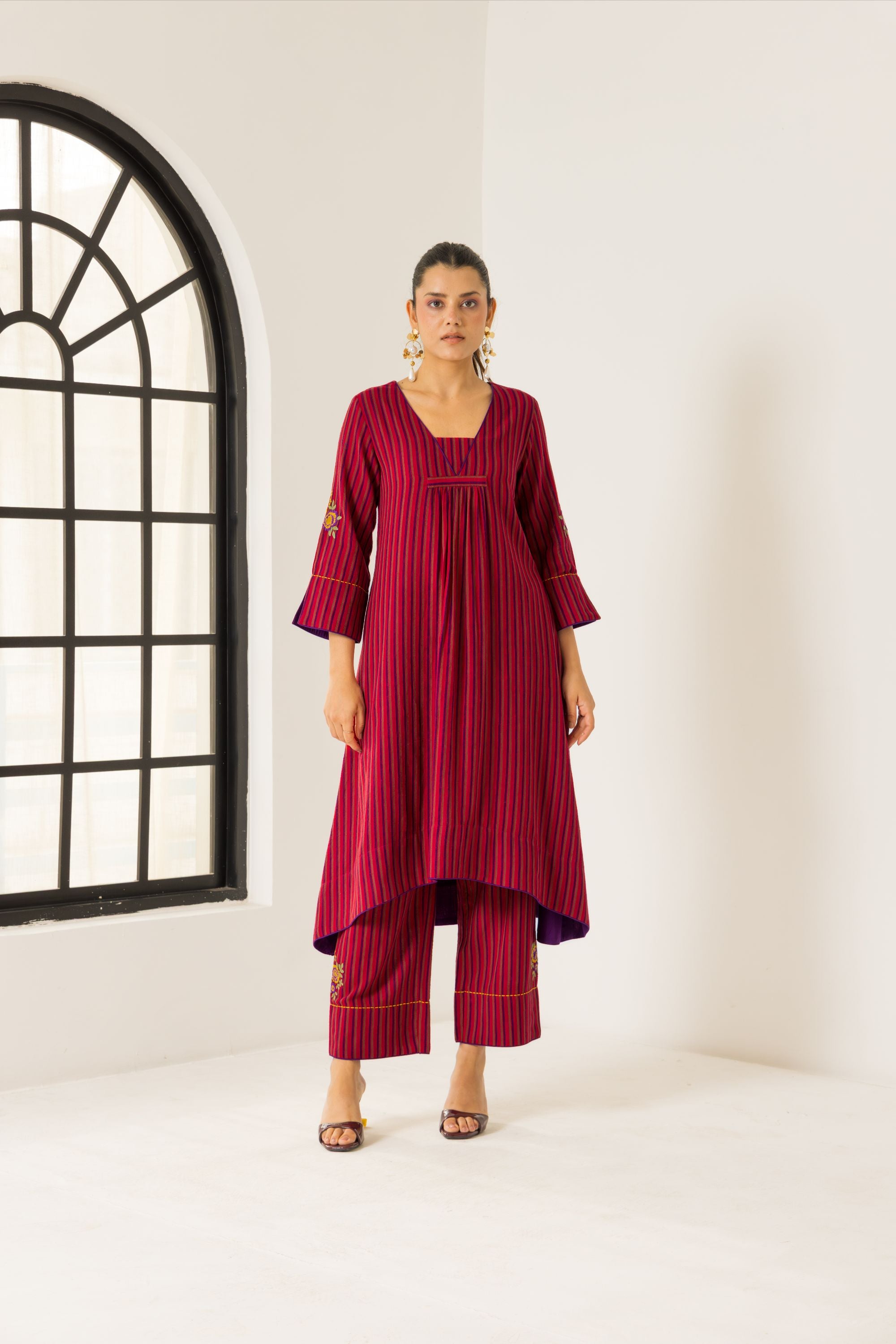 Rosa Red & Purple Embroidered Yarn Dyed Handcrafted Kurta Set