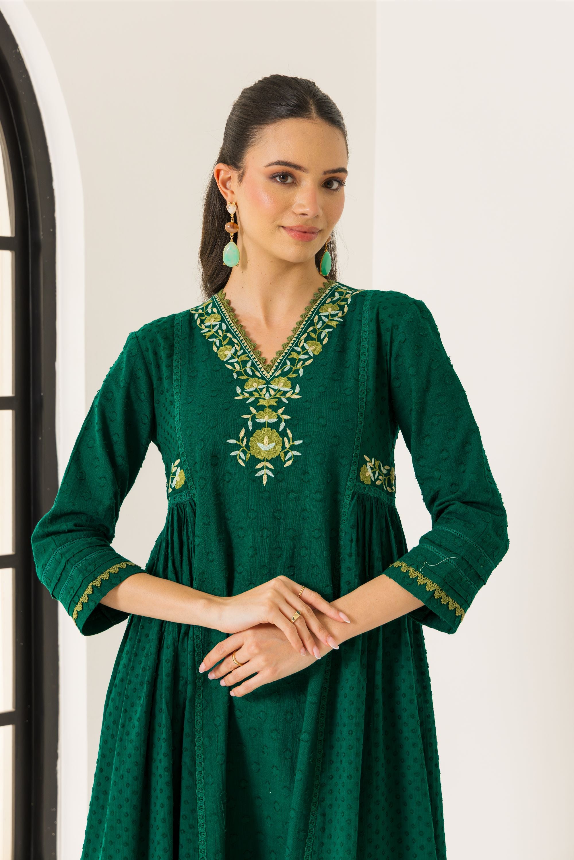 Aizah Emerald Green Cotton Slub Jacquard Handcrafted Kurta Set with Aari Embroidery