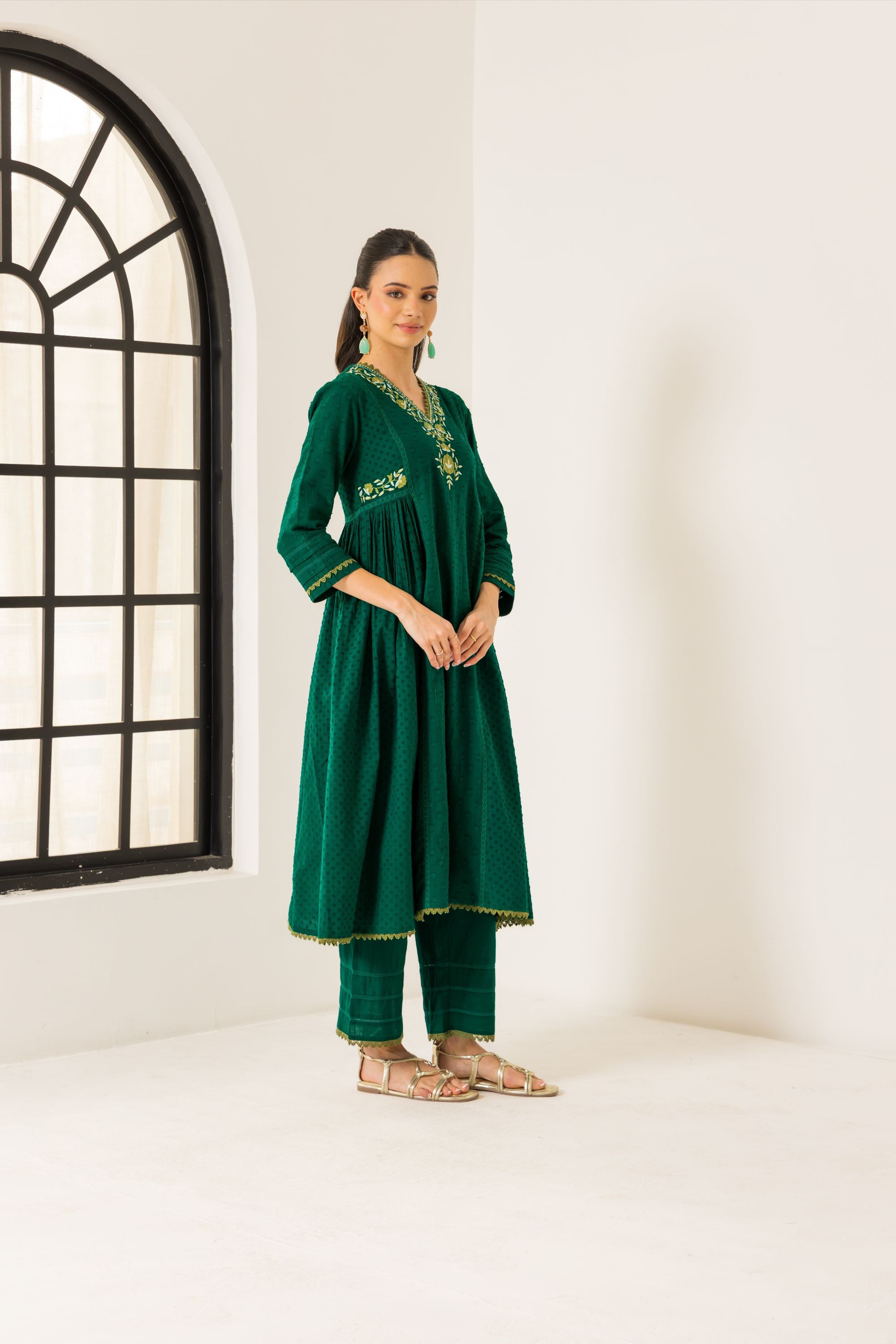 Aizah Emerald Green Cotton Slub Jacquard Handcrafted Kurta Set with Aari Embroidery