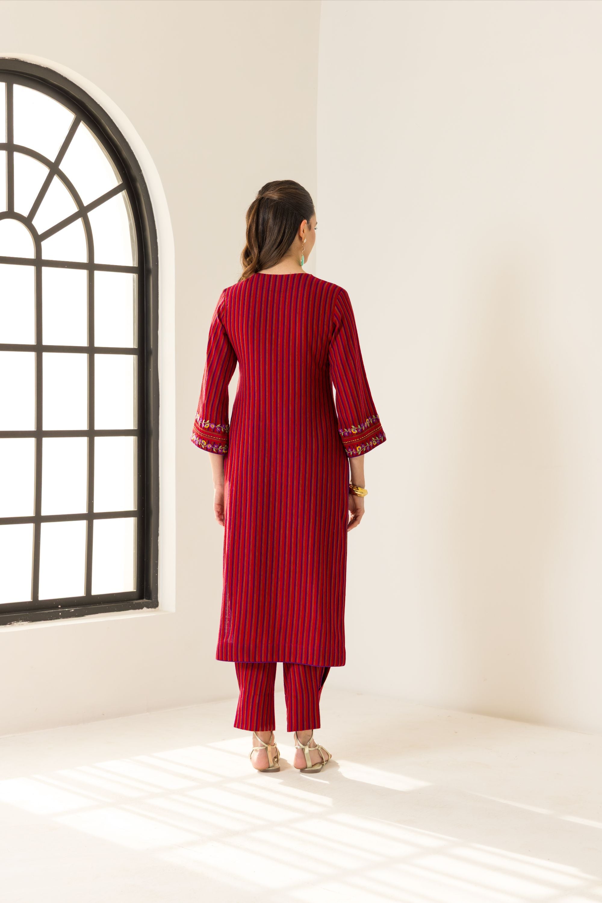 Nyra Red & Purple Embroidered Yarn Dyed Handcrafted Kurta Set