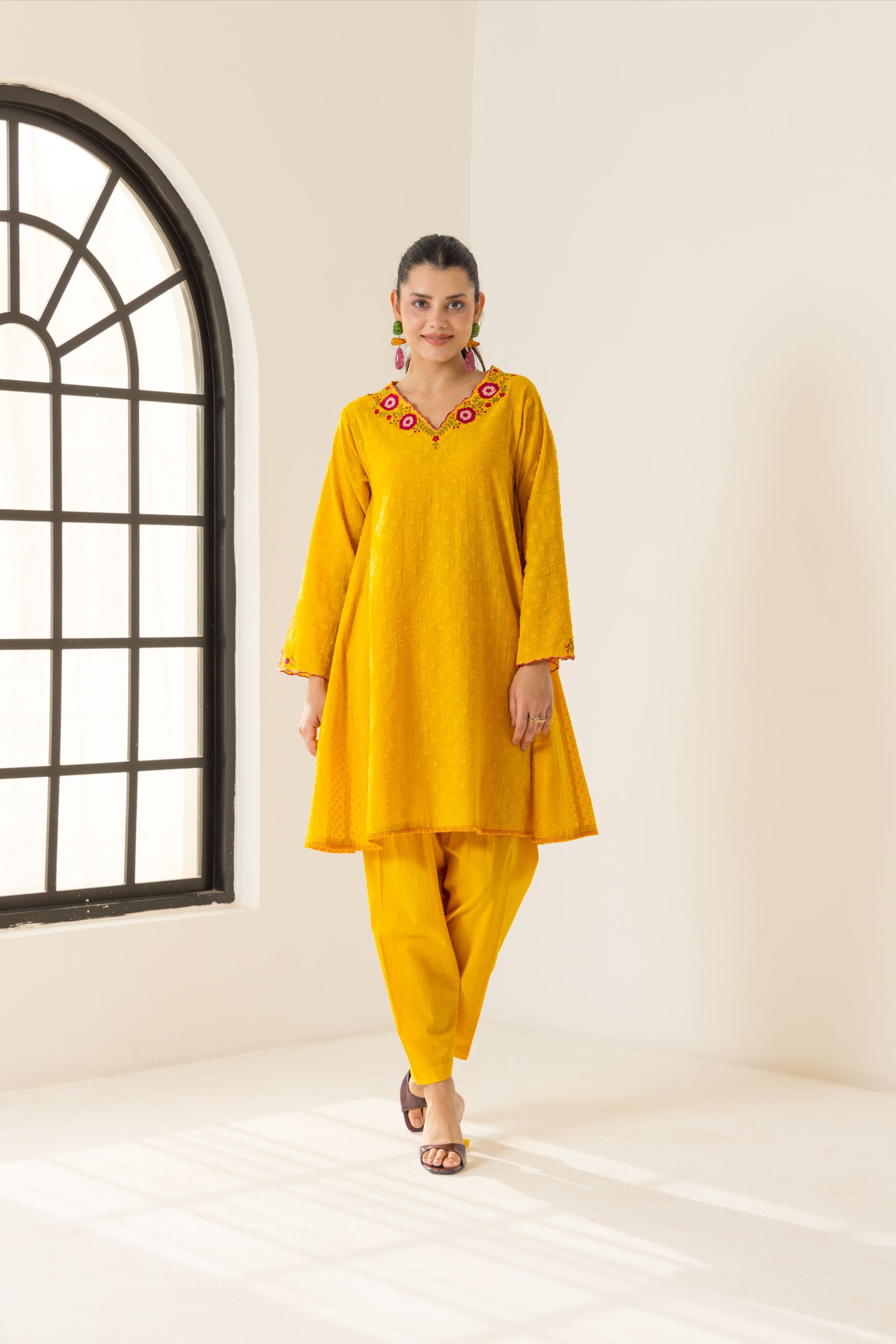 Azra Orange Cotton Slub Jacquard Handcrafted Choga set with Aari Embroidery