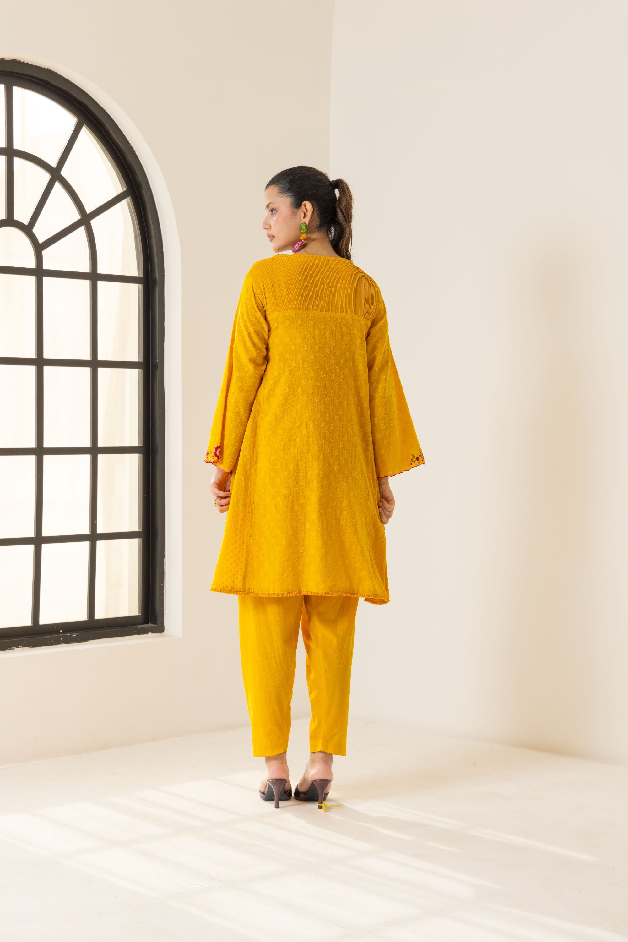 Azra Orange Cotton Slub Jacquard Handcrafted Choga set with Aari Embroidery