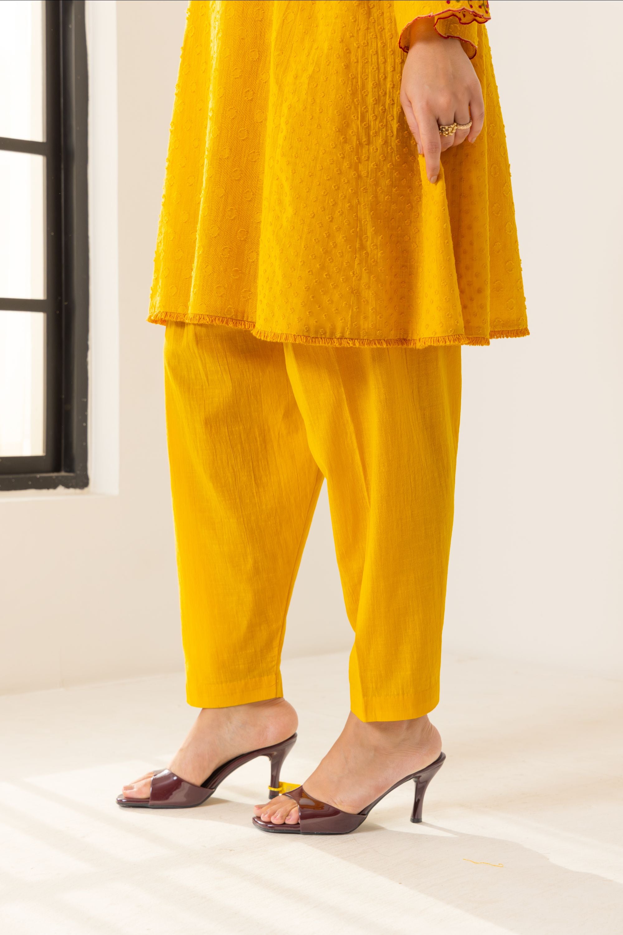 Azra Orange Cotton Slub Jacquard Handcrafted Choga set with Aari Embroidery