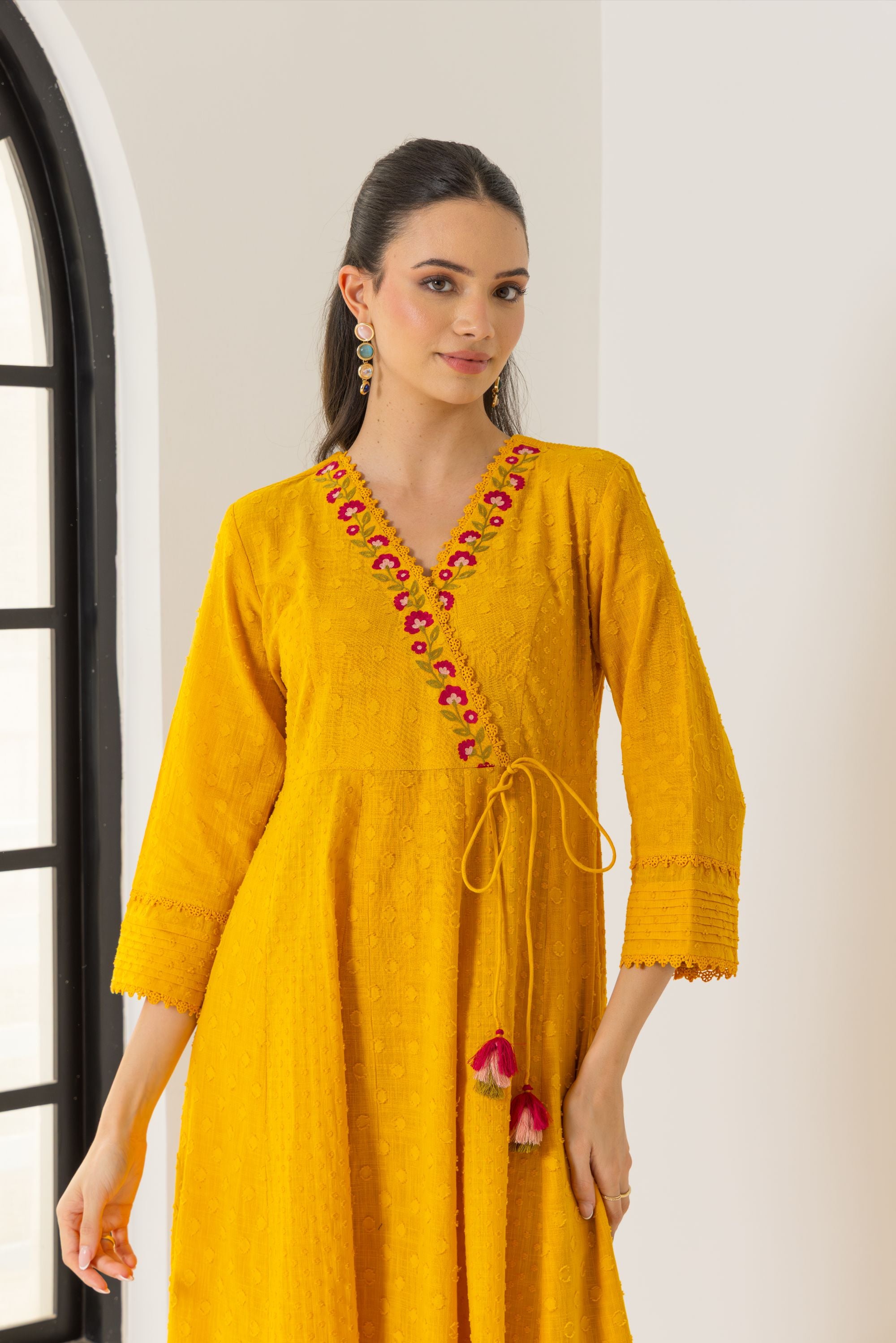 Elara Orange Cotton Slub Jacquard Handcrafted Angrakha Set with Aari Embroidery