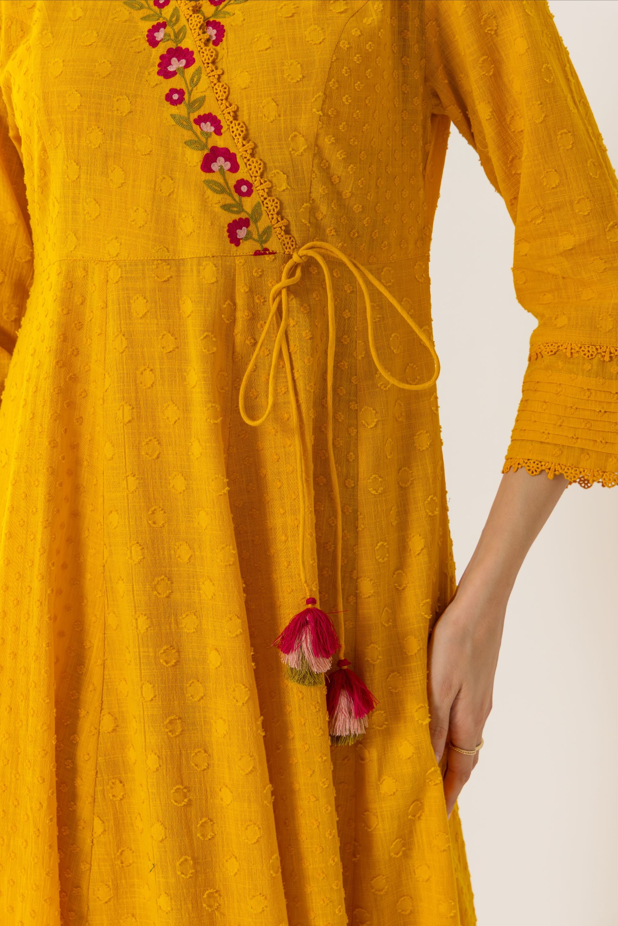 Elara Orange Cotton Slub Jacquard Handcrafted Angrakha Set with Aari Embroidery