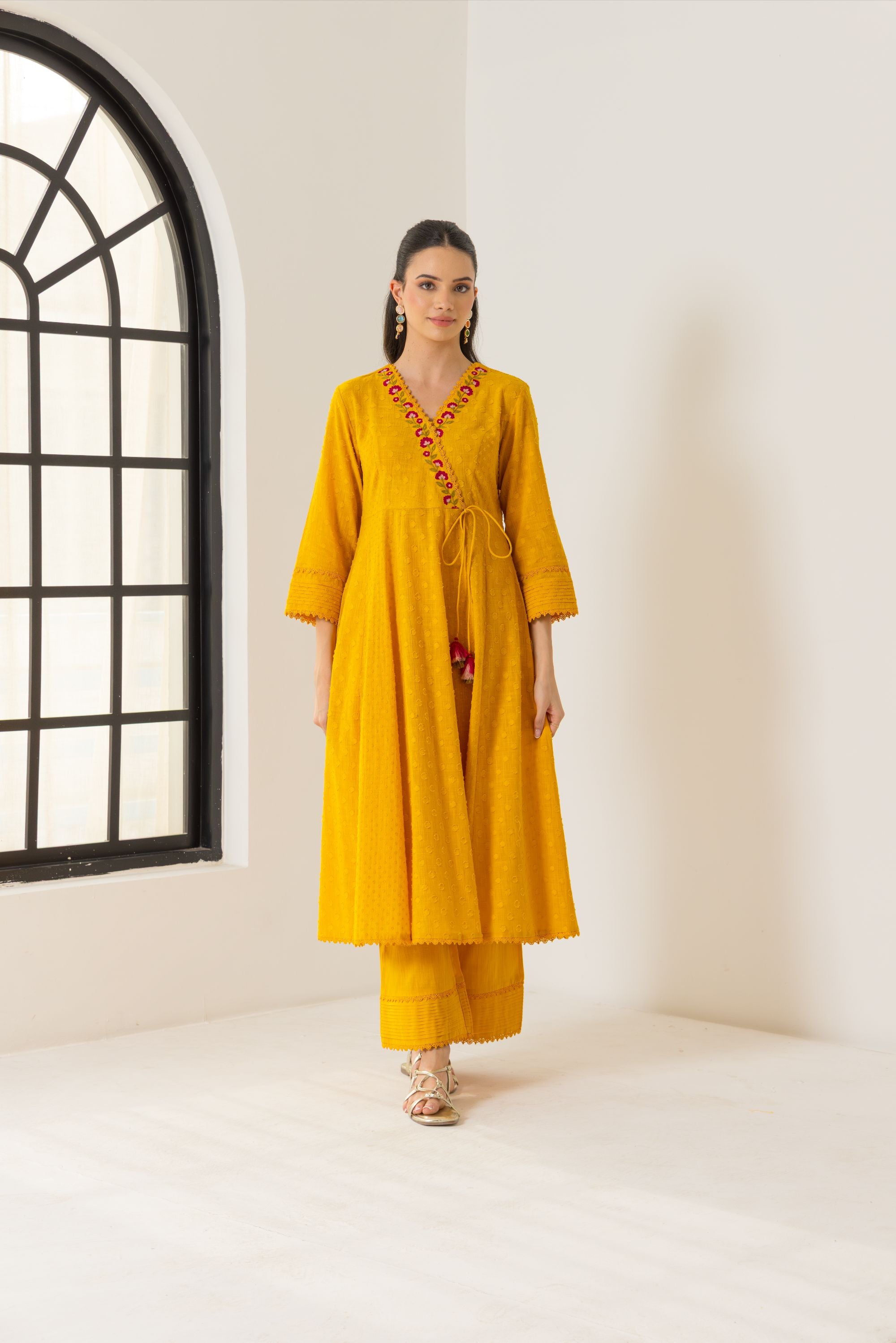 Elara Orange Cotton Slub Jacquard Handcrafted Angrakha Set with Aari Embroidery