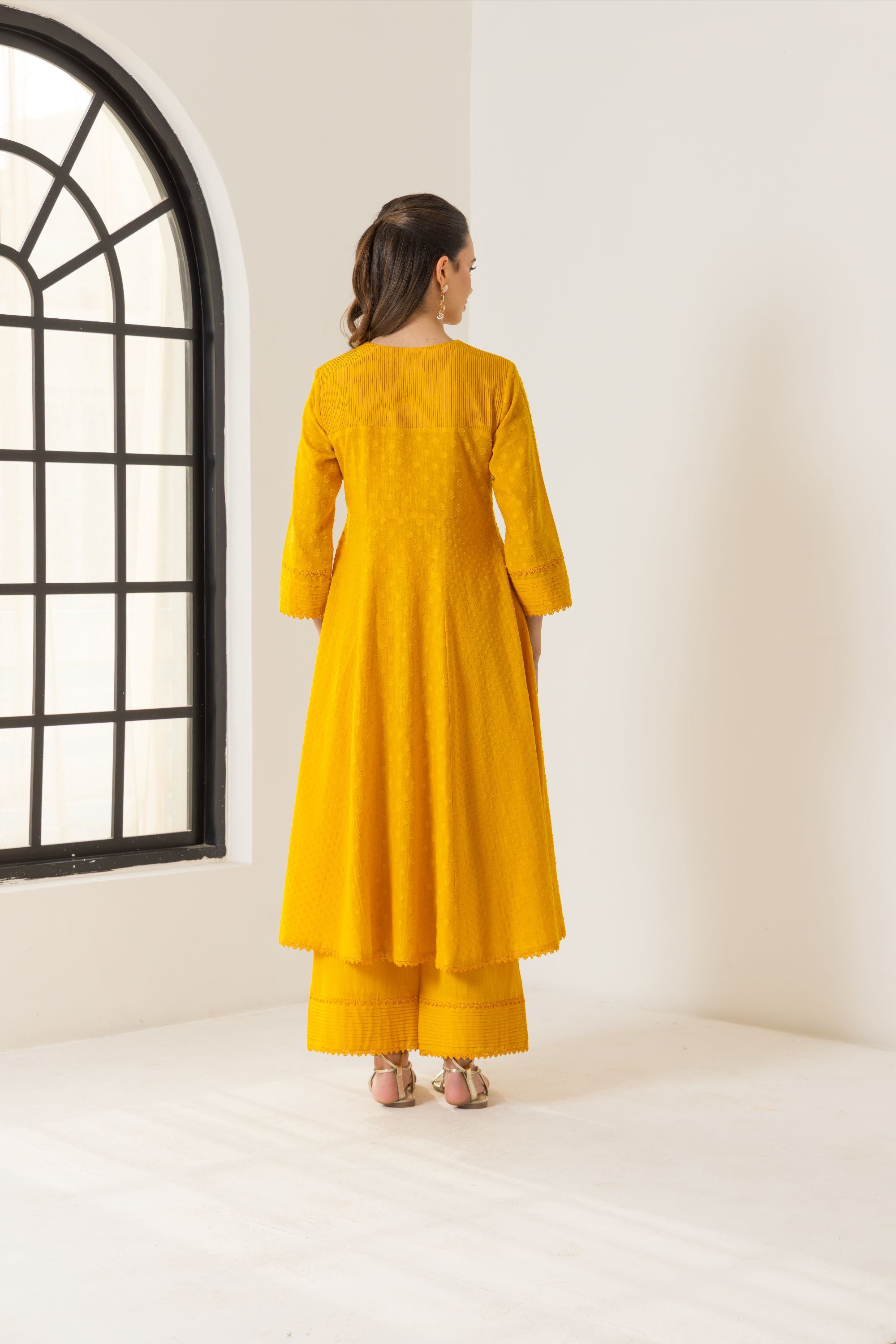 Elara Orange Cotton Slub Jacquard Handcrafted Angrakha Set with Aari Embroidery