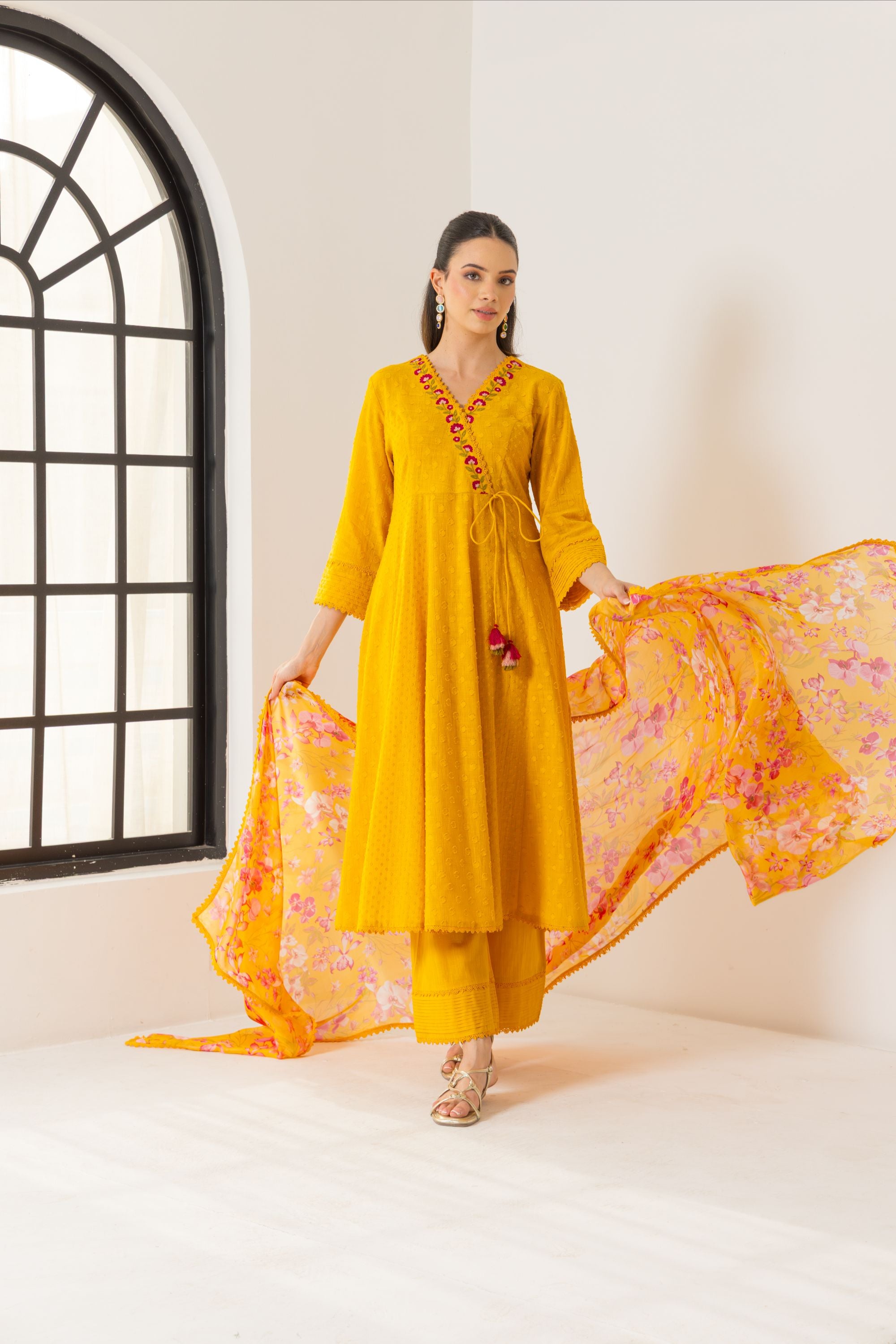 Elara Orange Cotton Slub Jacquard Handcrafted Angrakha Set with Aari Embroidery