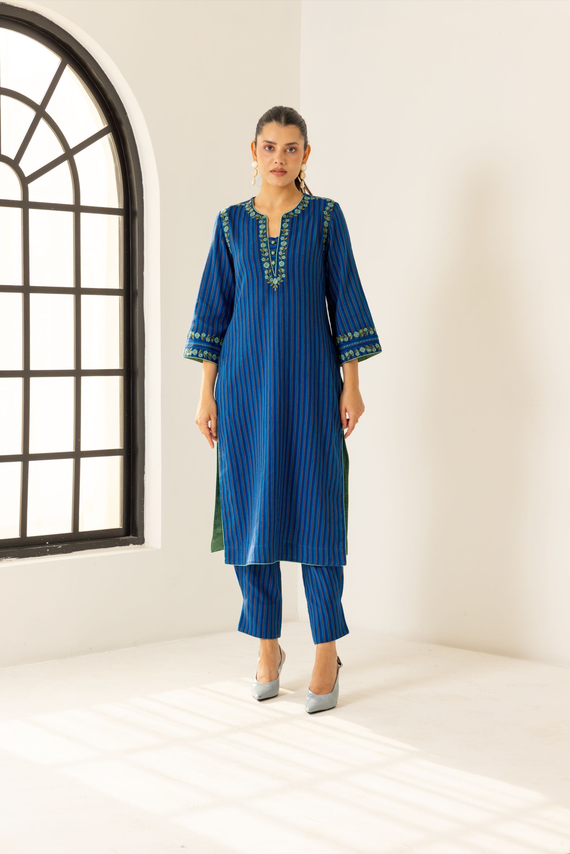 Nyra Blue Embroidered Yarn Dyed Handcrafted Kurta Set