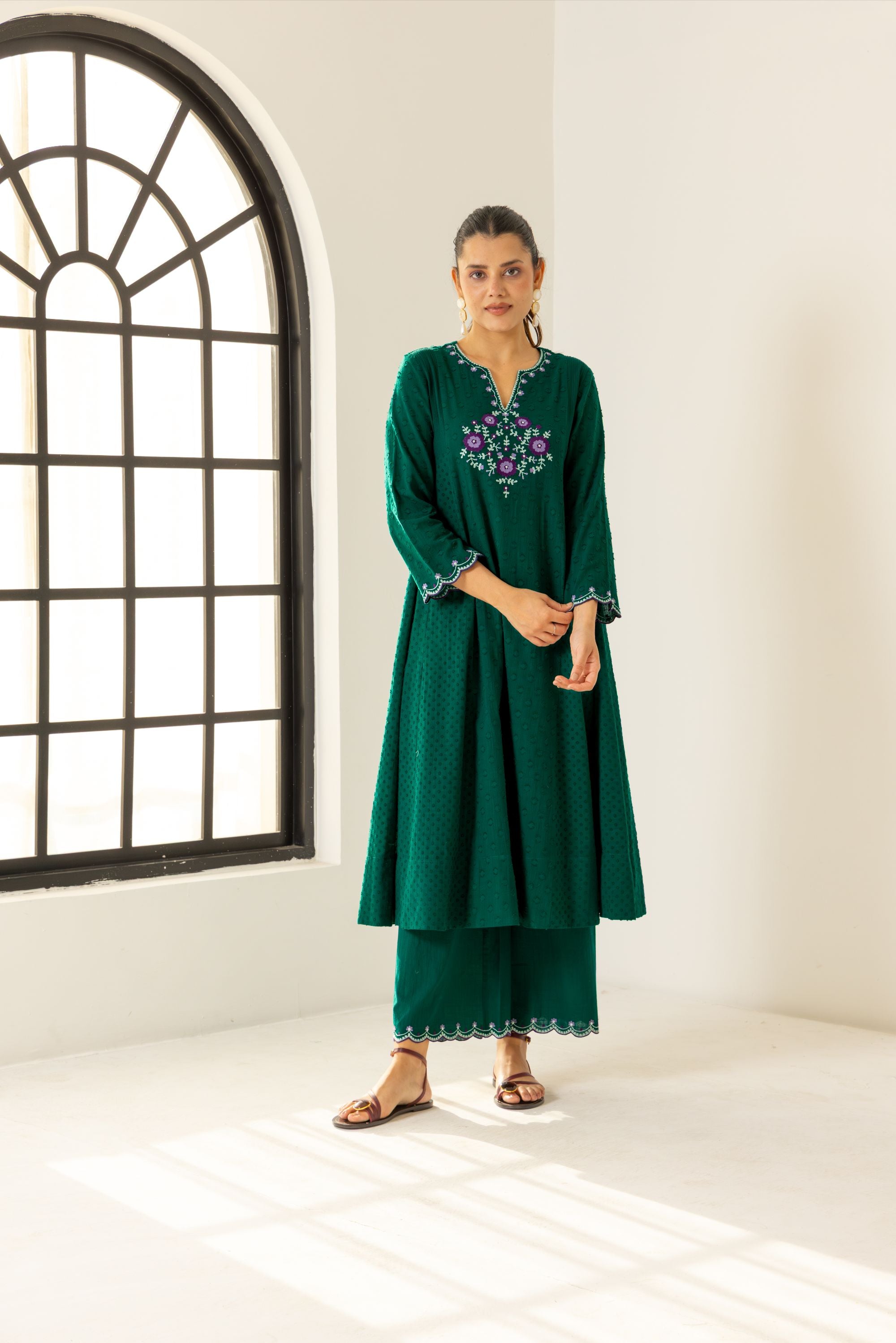 Kiara Emerald Green Cotton Slub Jacquard Handcrafted Kurta Set with Aari Embroidery