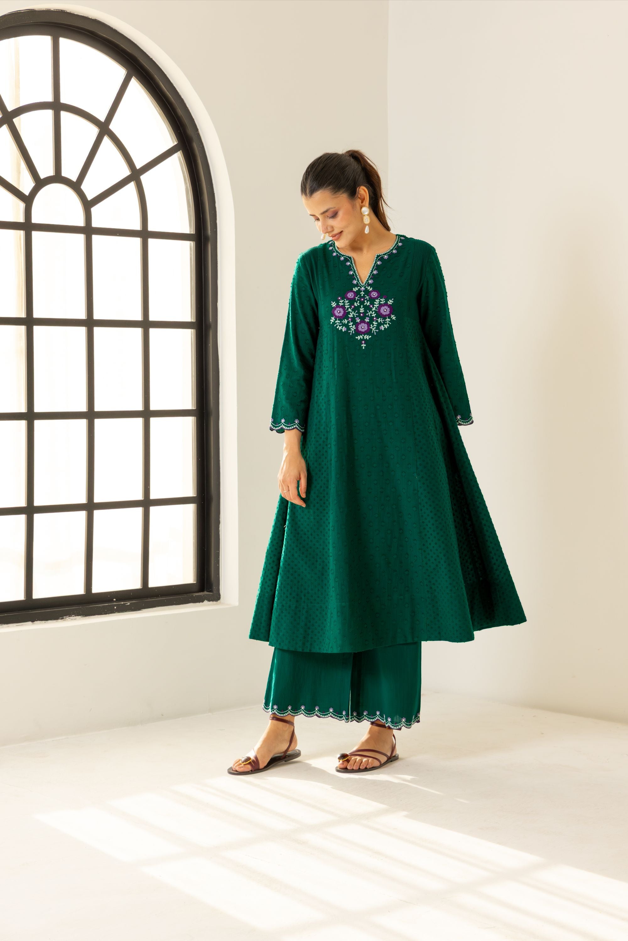 Kiara Emerald Green Cotton Slub Jacquard Handcrafted Kurta Set with Aari Embroidery