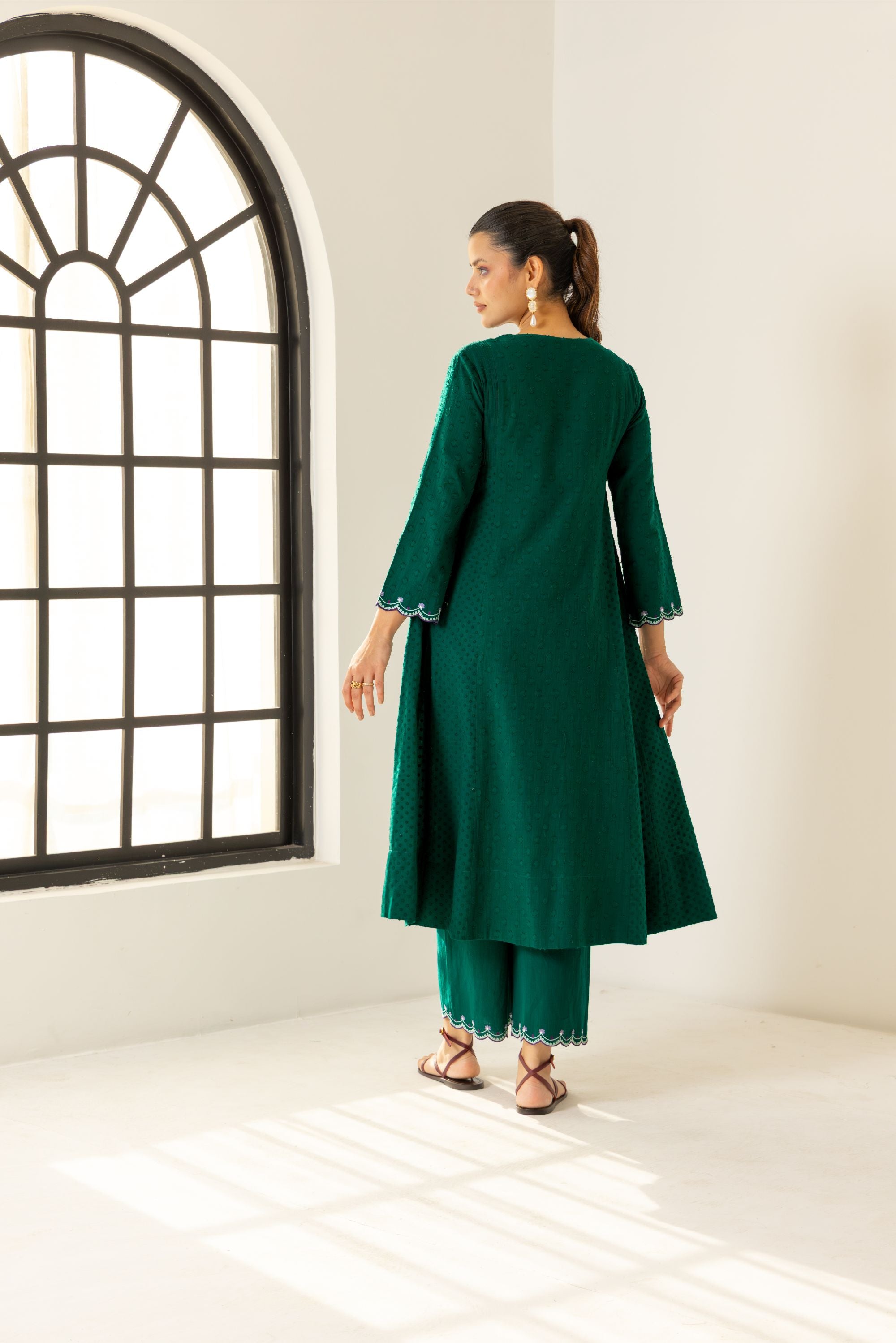 Kiara Emerald Green Cotton Slub Jacquard Handcrafted Kurta Set with Aari Embroidery