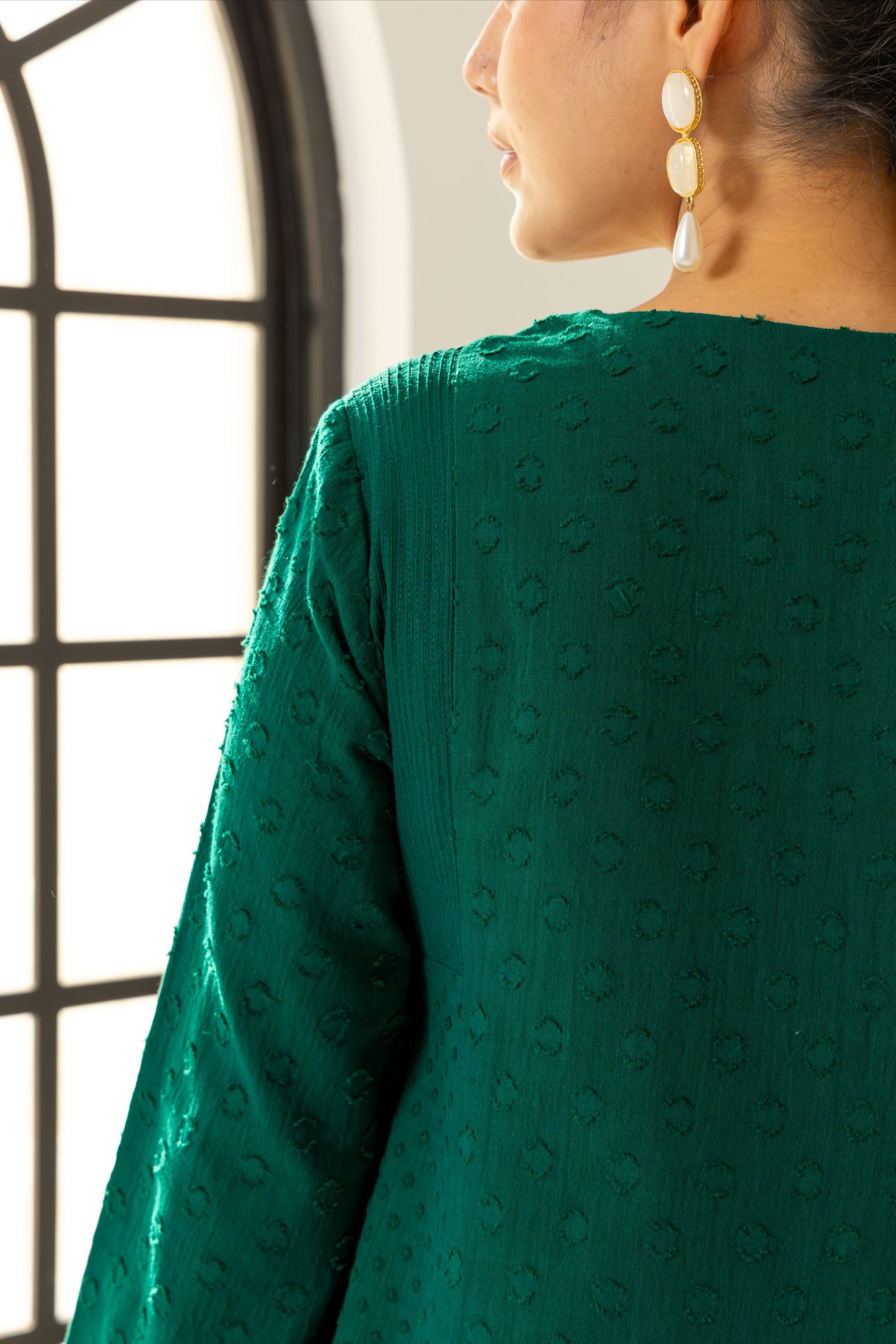 Kiara Emerald Green Cotton Slub Jacquard Handcrafted Kurta Set with Aari Embroidery