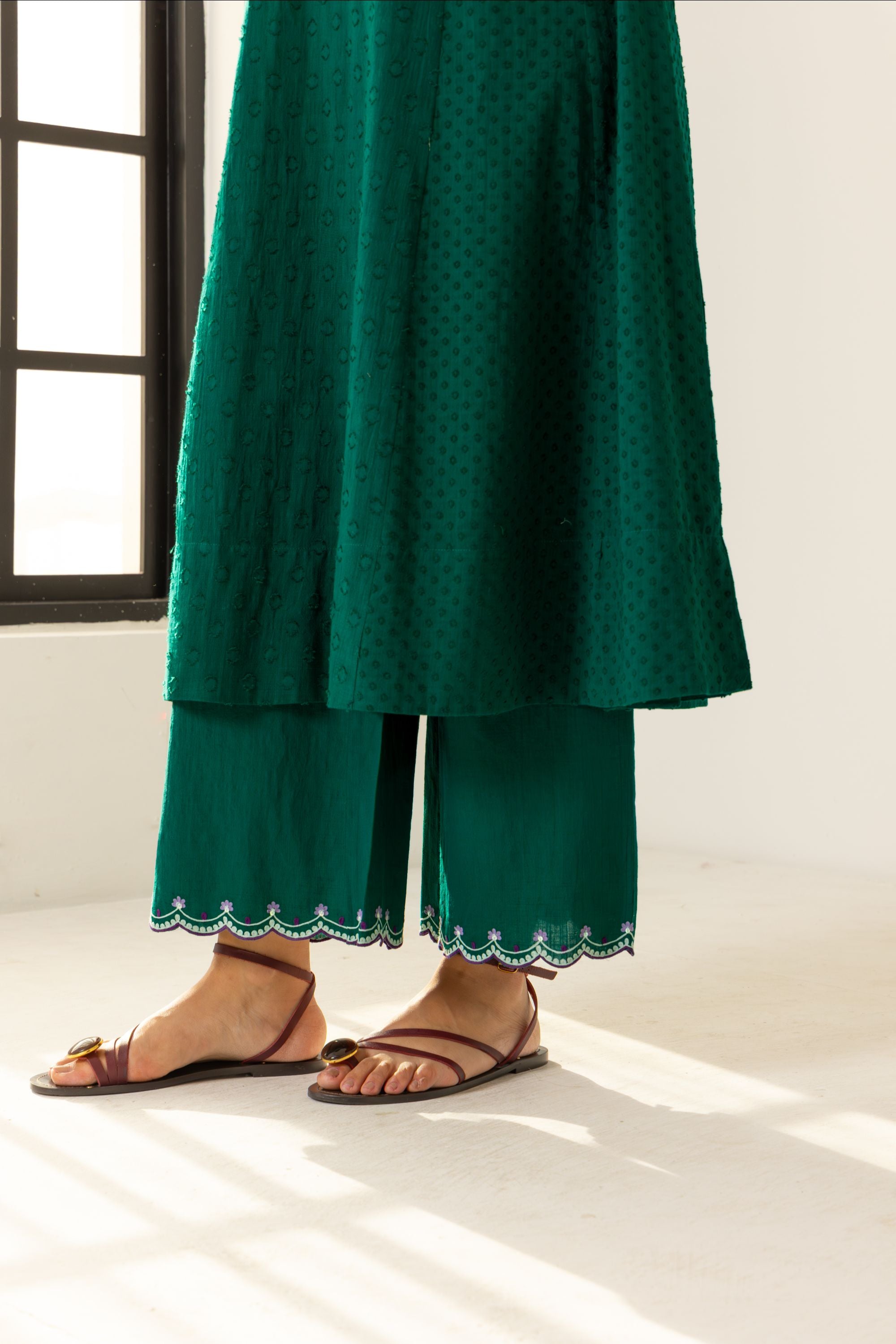 Kiara Emerald Green Cotton Slub Jacquard Handcrafted Kurta Set with Aari Embroidery