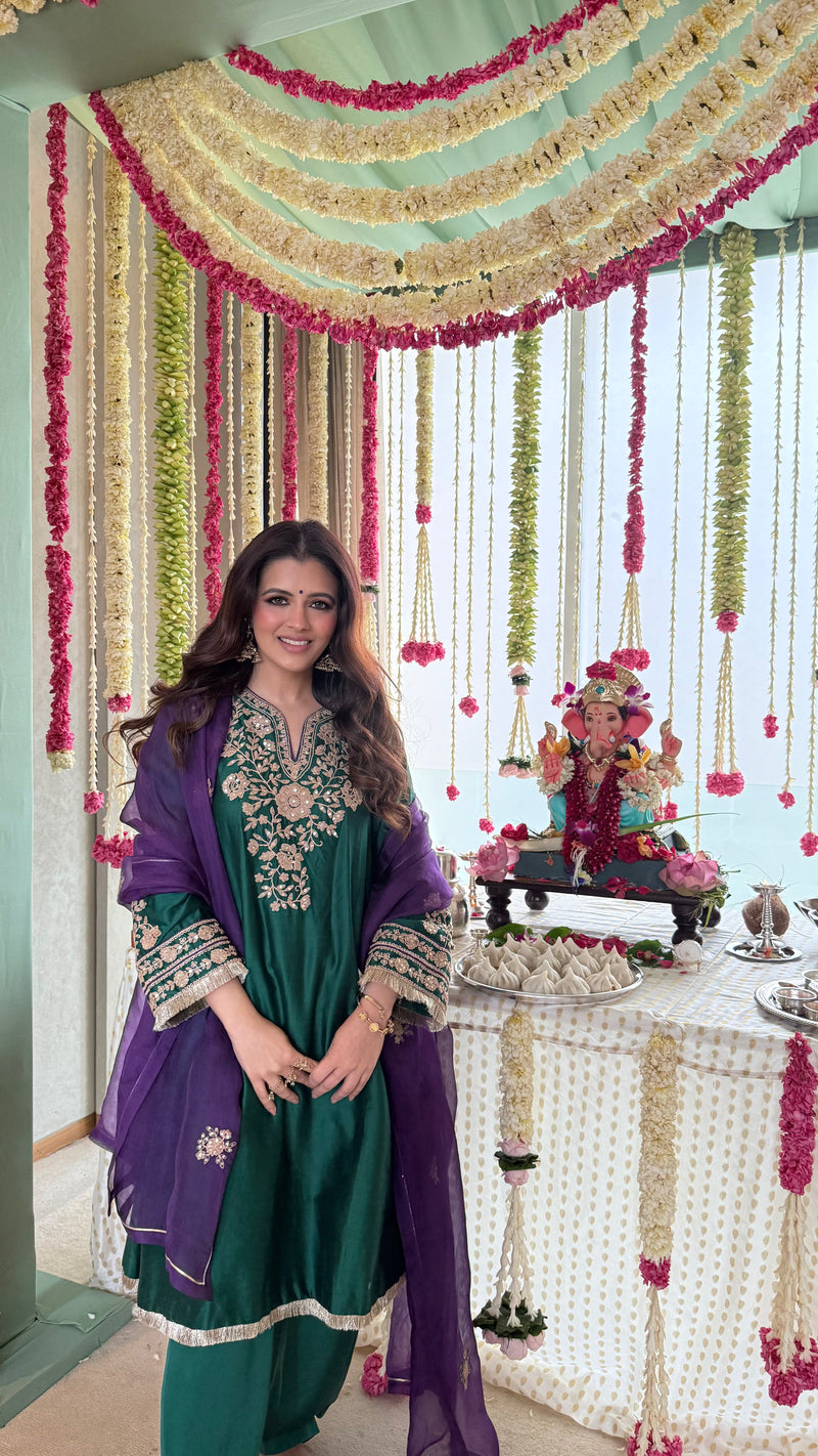Natasha Luthra in Silk Chanderi Embroidered Emerald Green A-Line Choga Set