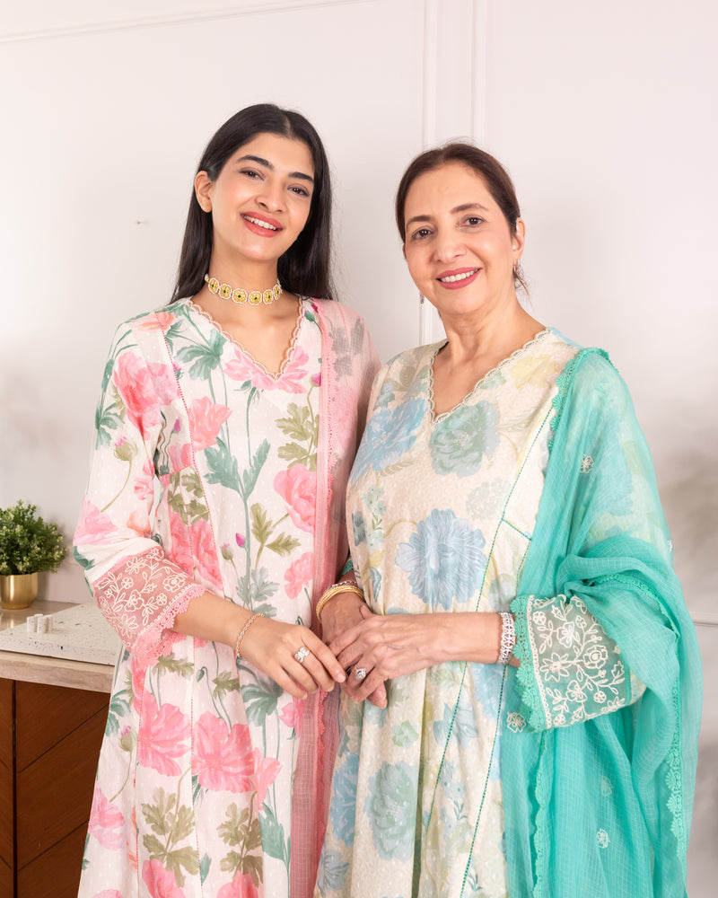 SHAZIA KHAN IN ANAYA GREEN FLORAL PRINTED COTTON DOBBY KURTA SET