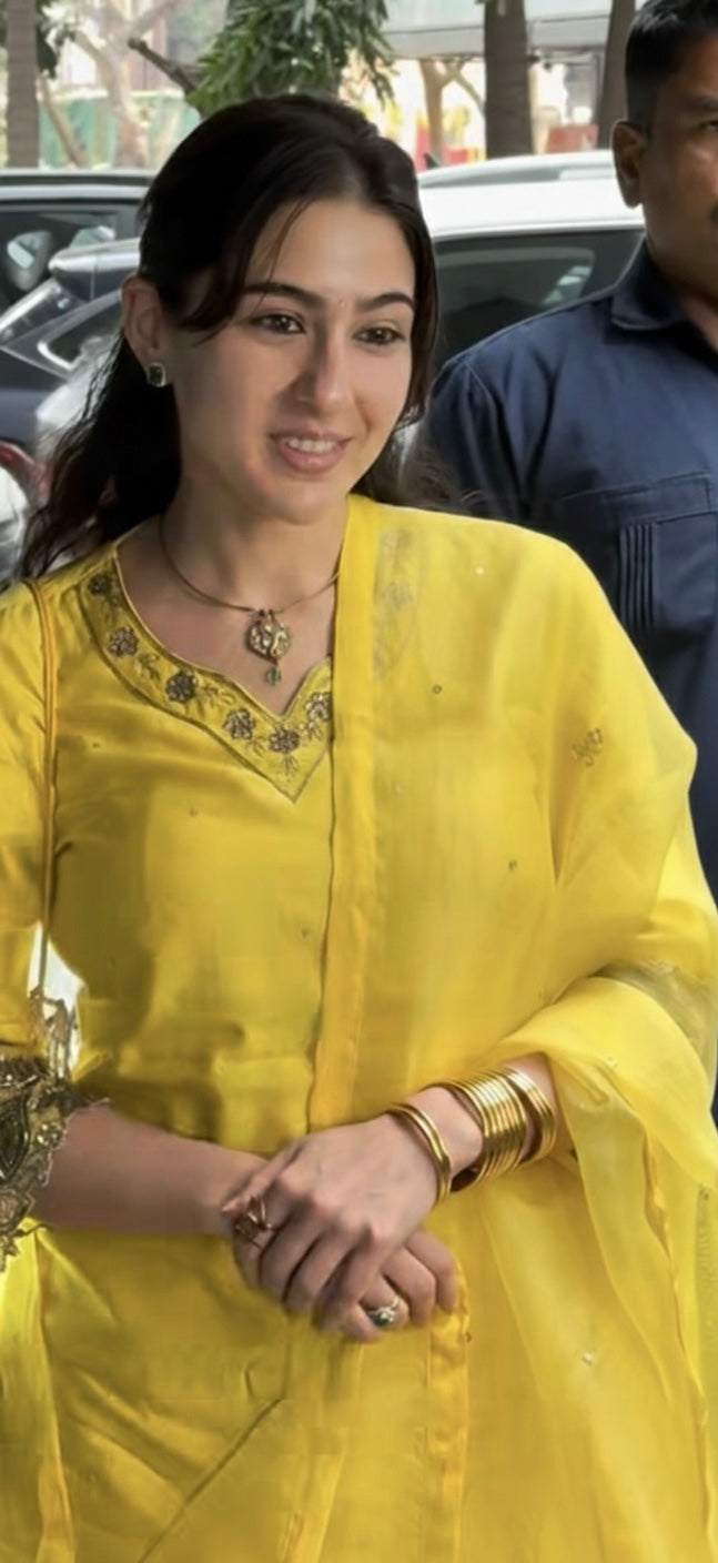 SARA ALI KHAN IN SUNHERI YELLOW SILK CHANDERI HANDCRAFTED KURTA SET