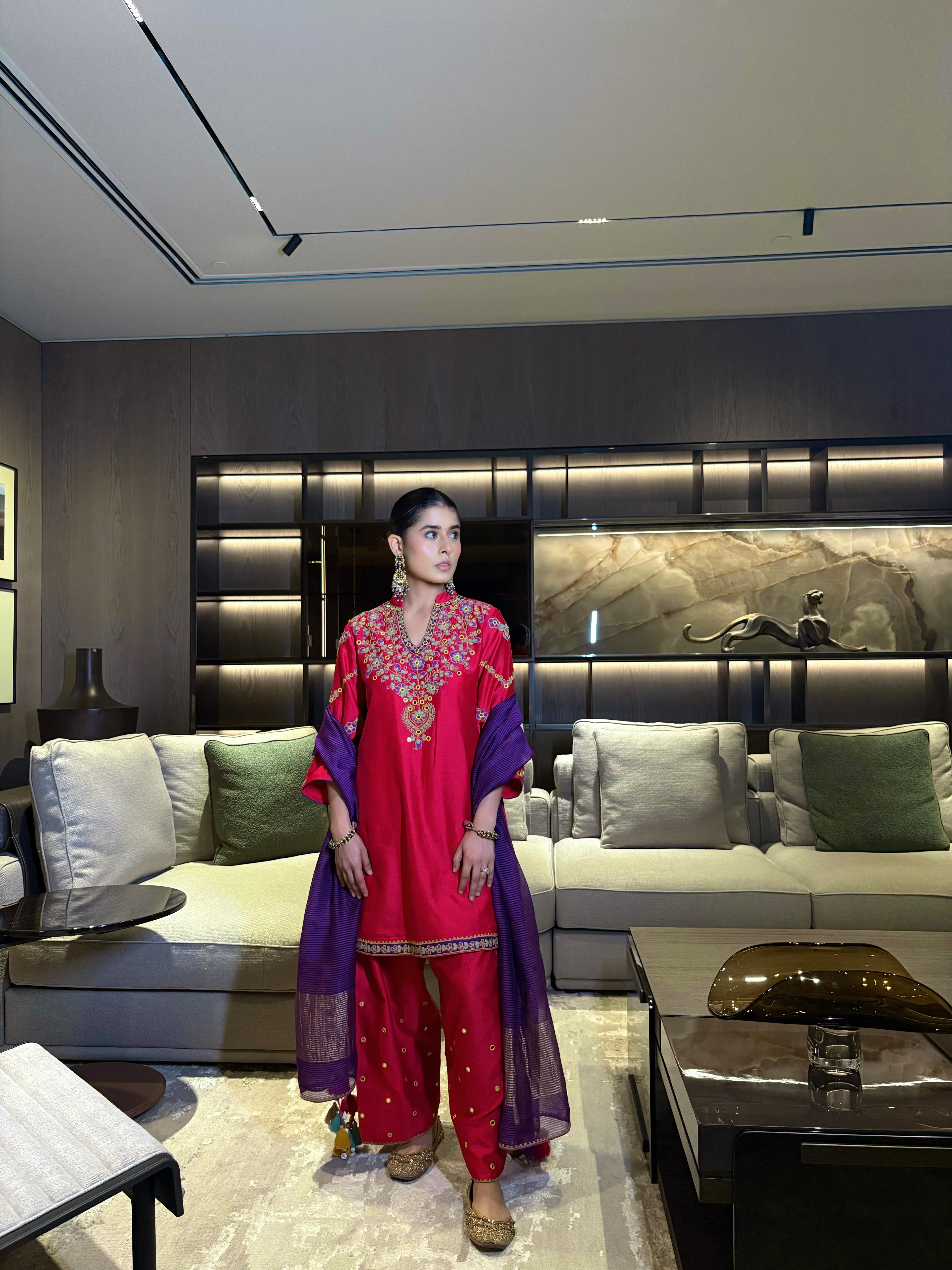 Rhea Kalra in Rasa Ruby Pink Mirror Work Handcrafted Silk Chanderi Short Kurta Set with Farshi Salwar