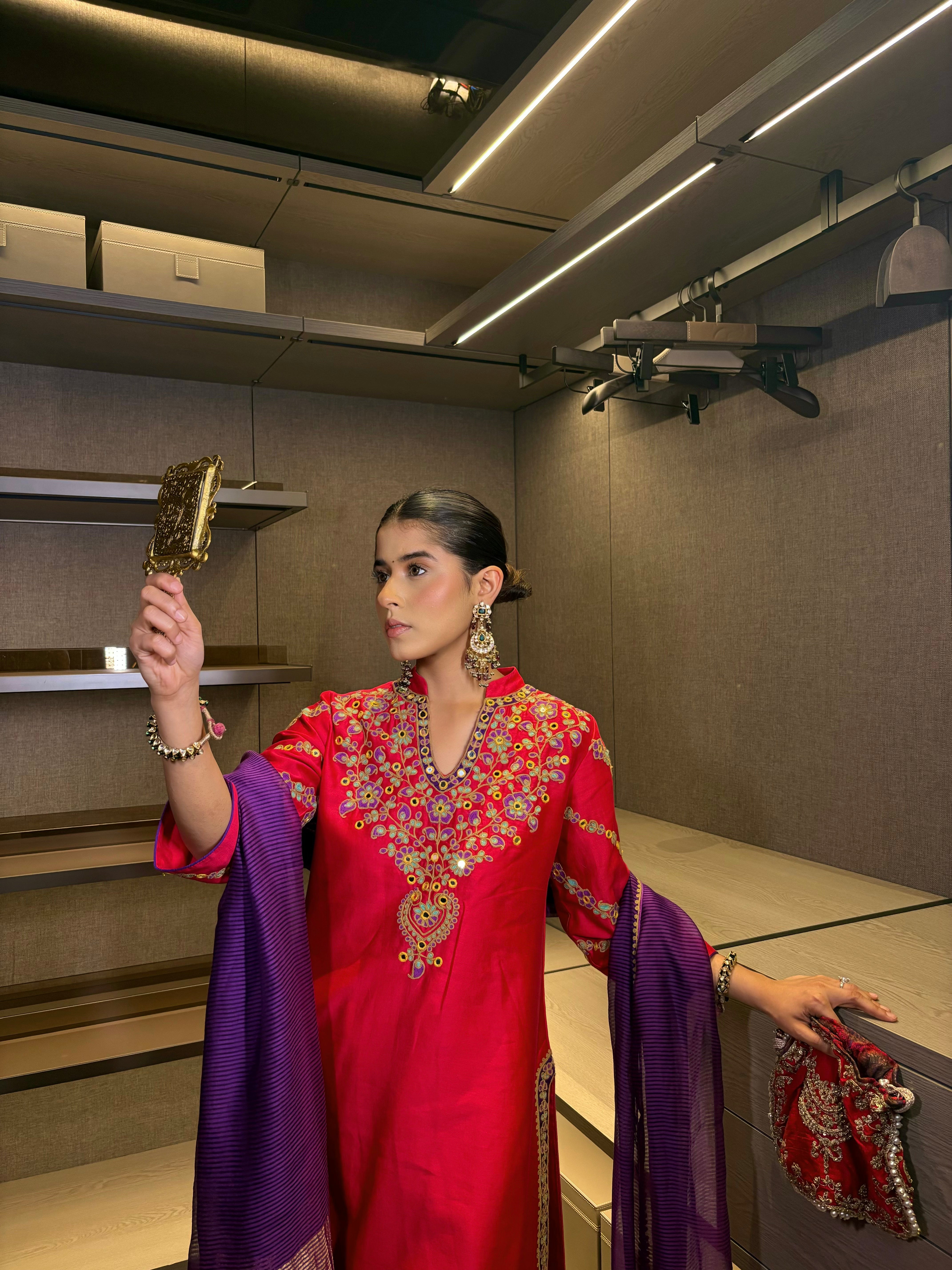 Rhea Kalra in Rasa Ruby Pink Mirror Work Handcrafted Silk Chanderi Short Kurta Set with Farshi Salwar