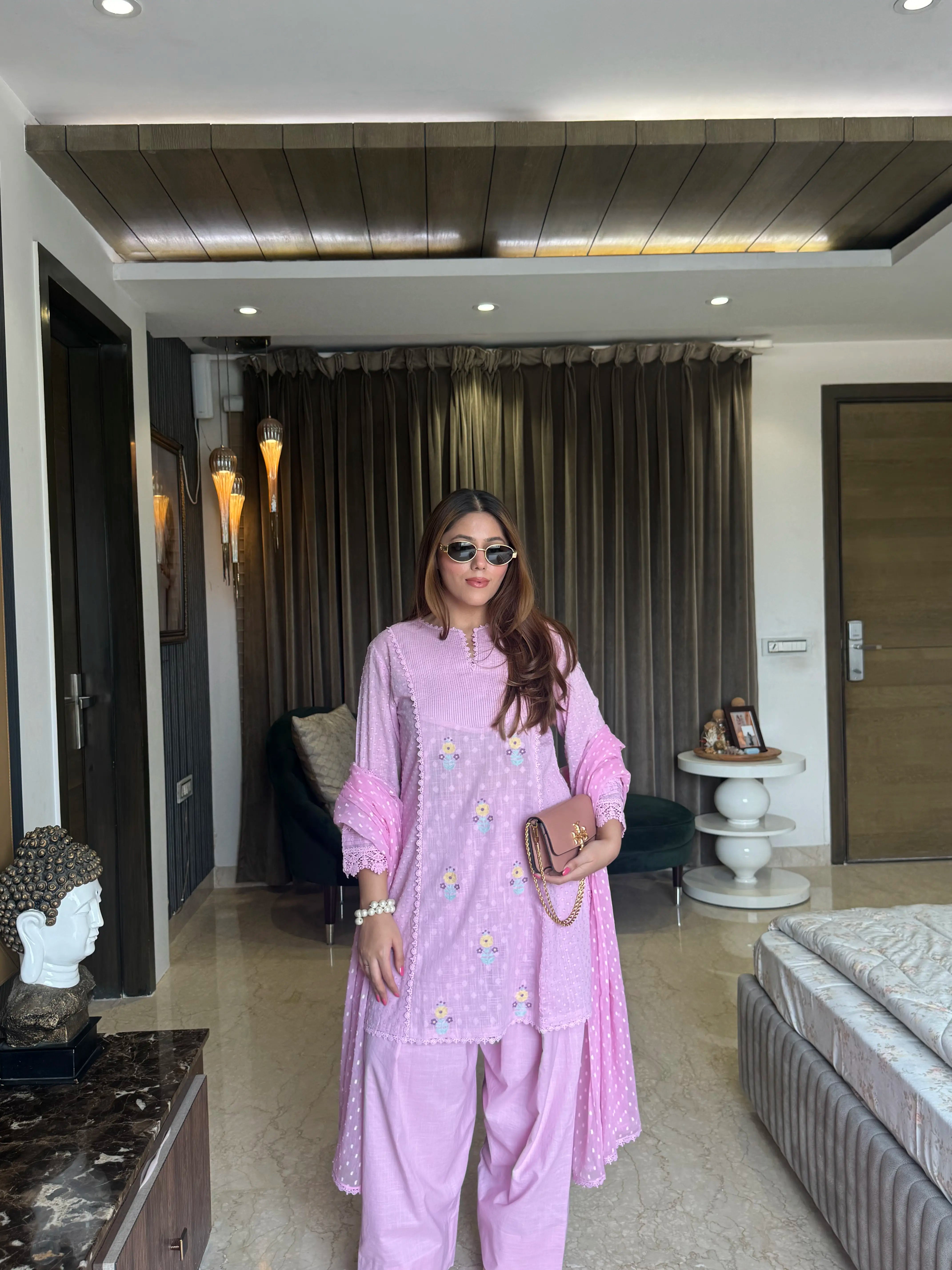 Shreya Mahajan In Laila Lavender Cotton Slub Jacquard Handcrafted Short Kurta Set with Aari embroidery and Farshi Salwar