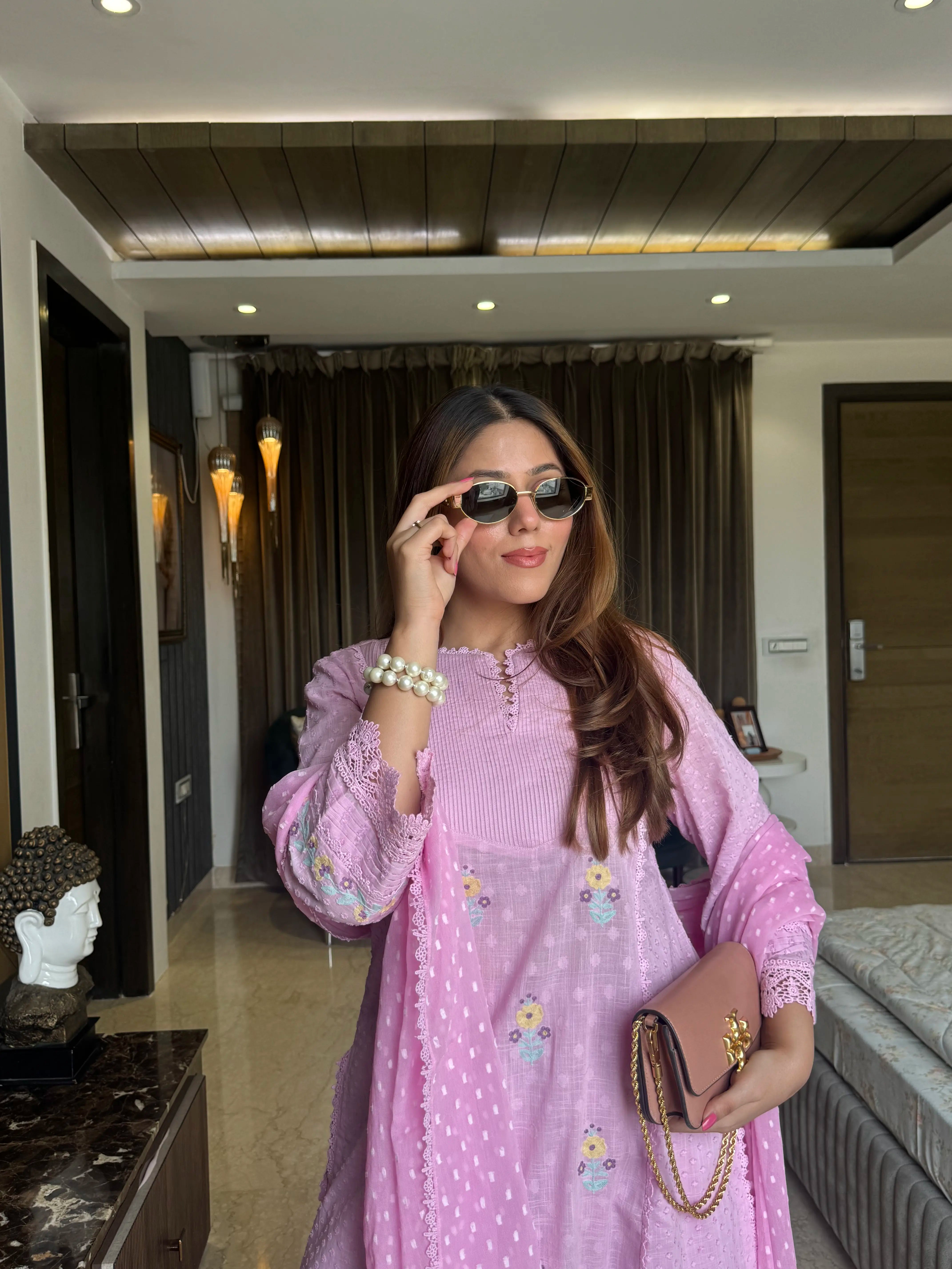 Shreya Mahajan In Laila Lavender Cotton Slub Jacquard Handcrafted Short Kurta Set with Aari embroidery and Farshi Salwar