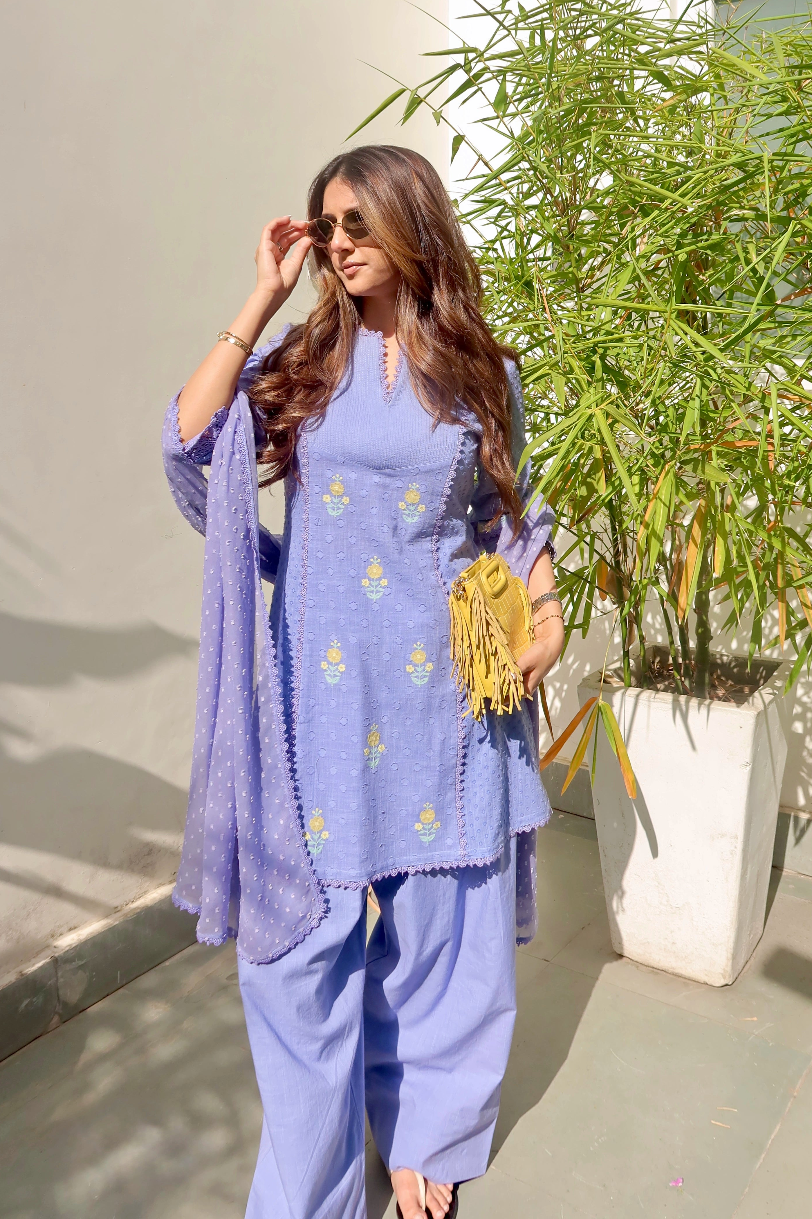 Laila Blue Cotton Slub Jacquard Handcrafted Short Kurta Set with Aari embroidery and Farshi Salwar