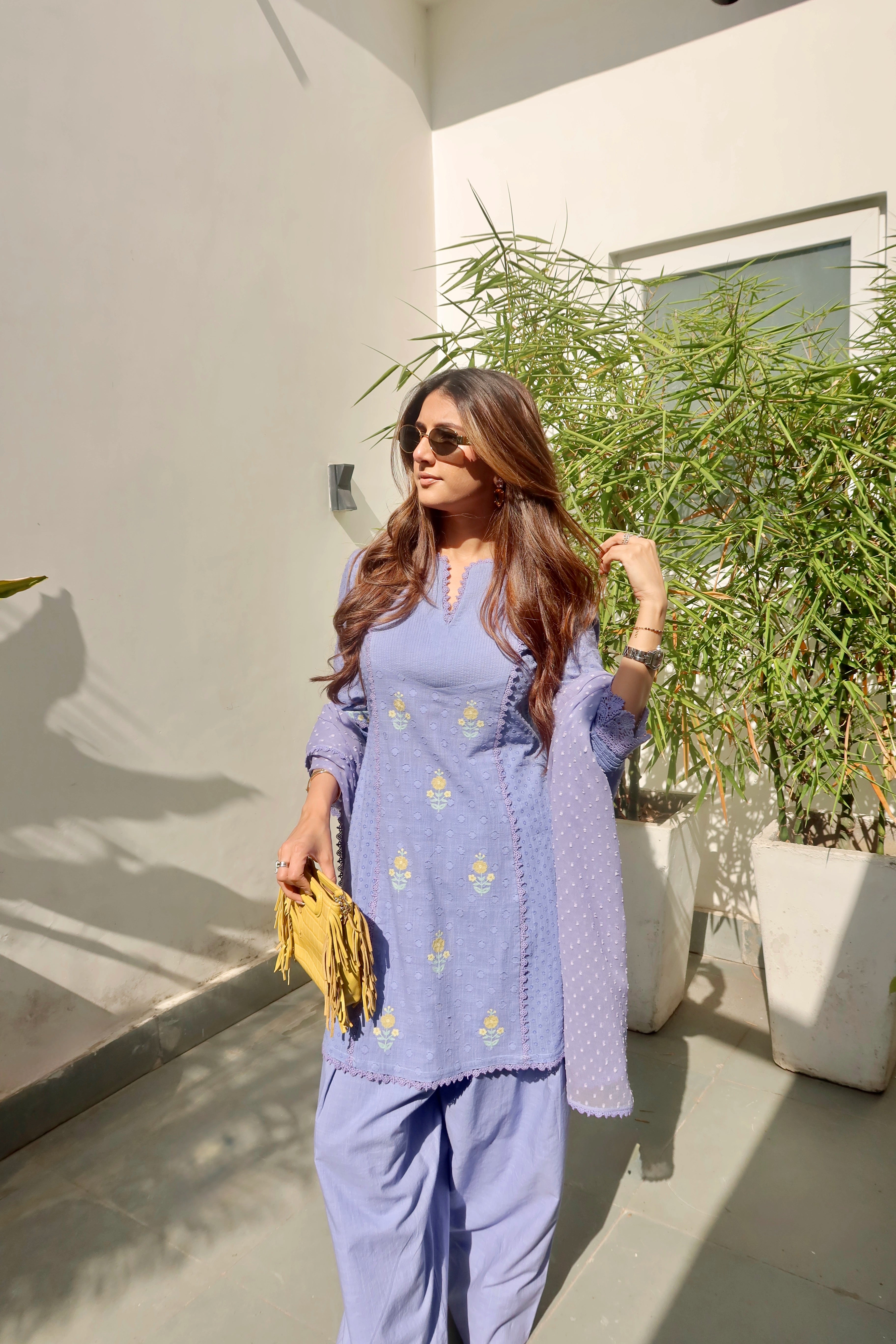 Laila Blue Cotton Slub Jacquard Handcrafted Short Kurta Set with Aari embroidery and Farshi Salwar